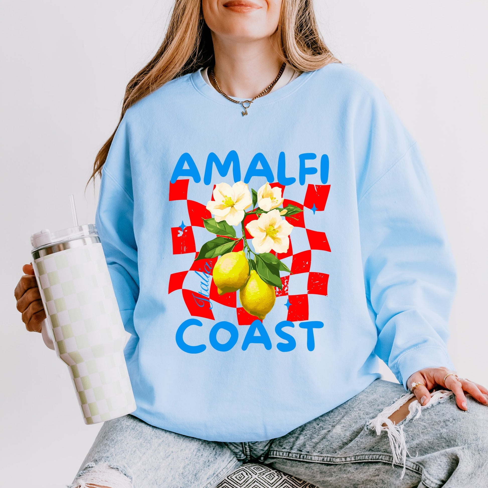 Amalfi Coast Red Checkerboard - Women's Lightweight Garment Dyed Sweatshirt