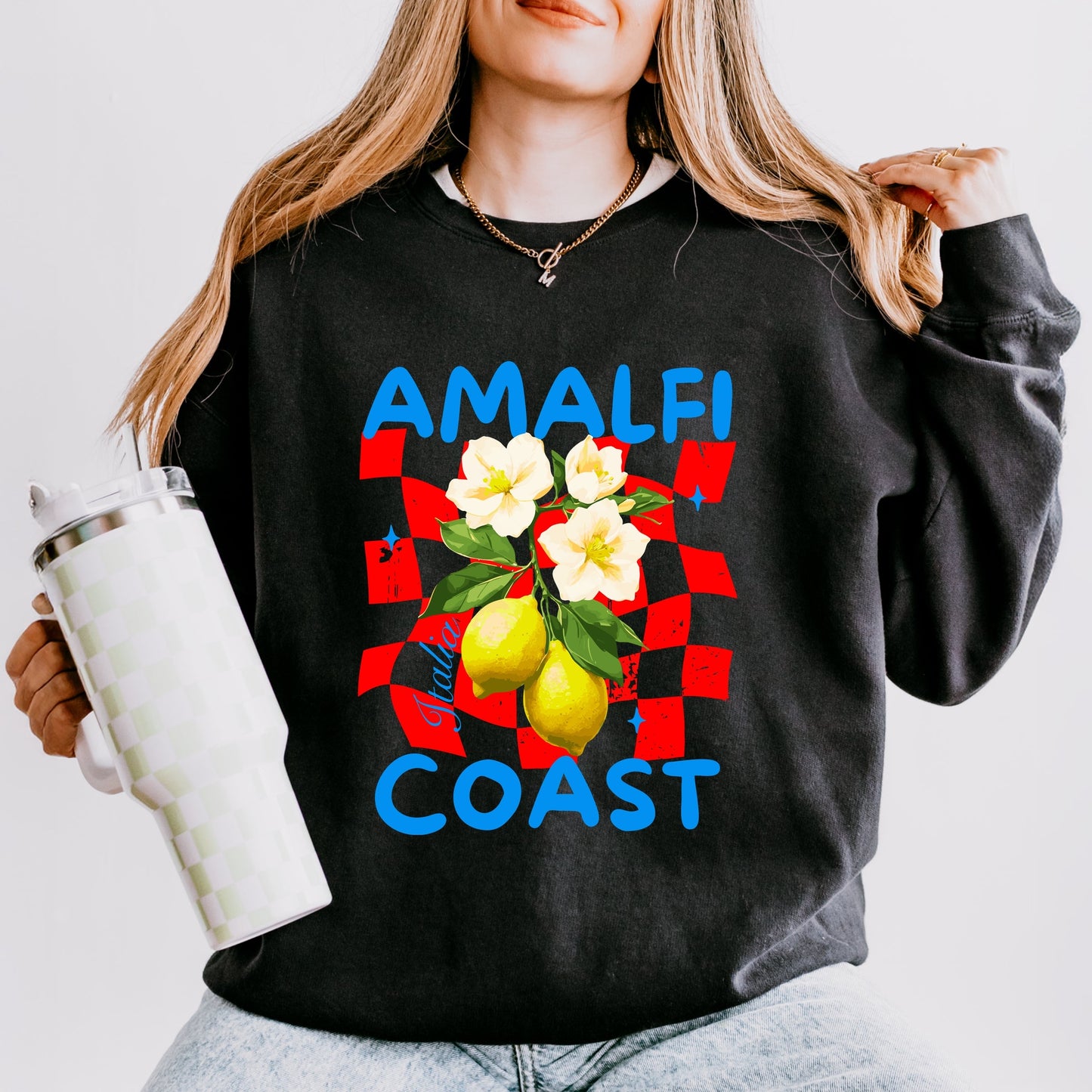 Amalfi Coast Red Checkerboard - Women's Lightweight Garment Dyed Sweatshirt