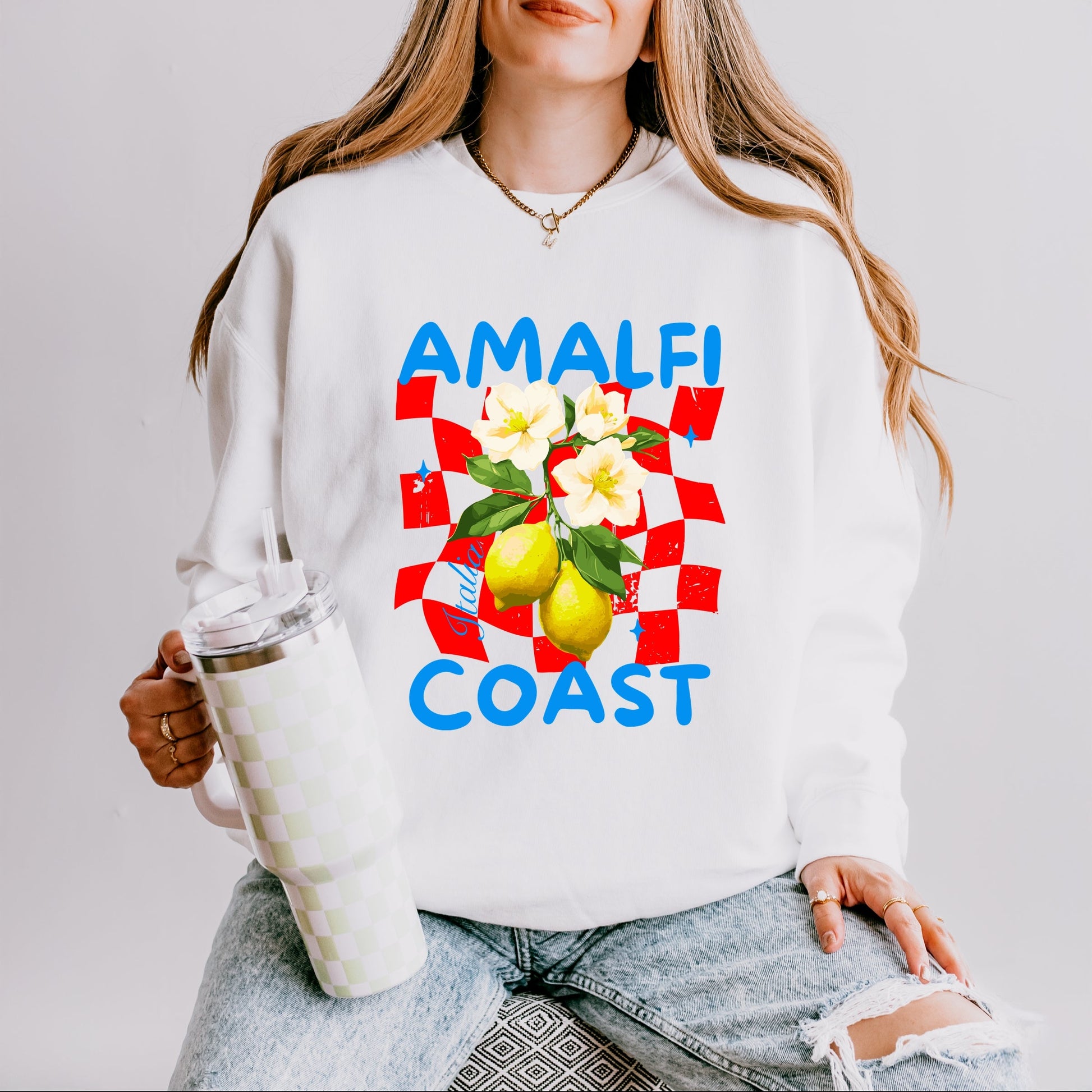 Amalfi Coast Red Checkerboard - Women's Lightweight Garment Dyed Sweatshirt