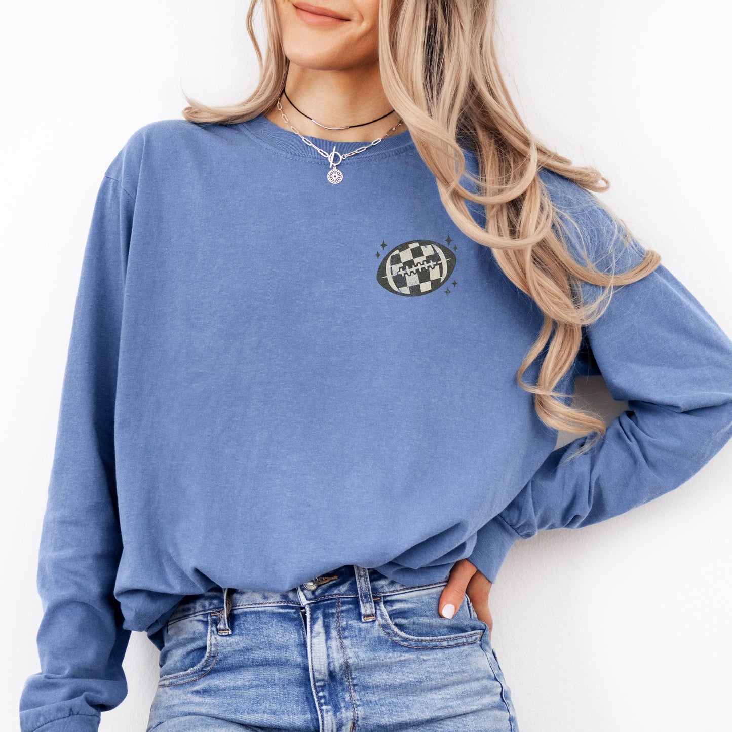 Football Sparkles Distressed - Women's Garment Dyed Long Sleeve Graphic T-Shirt