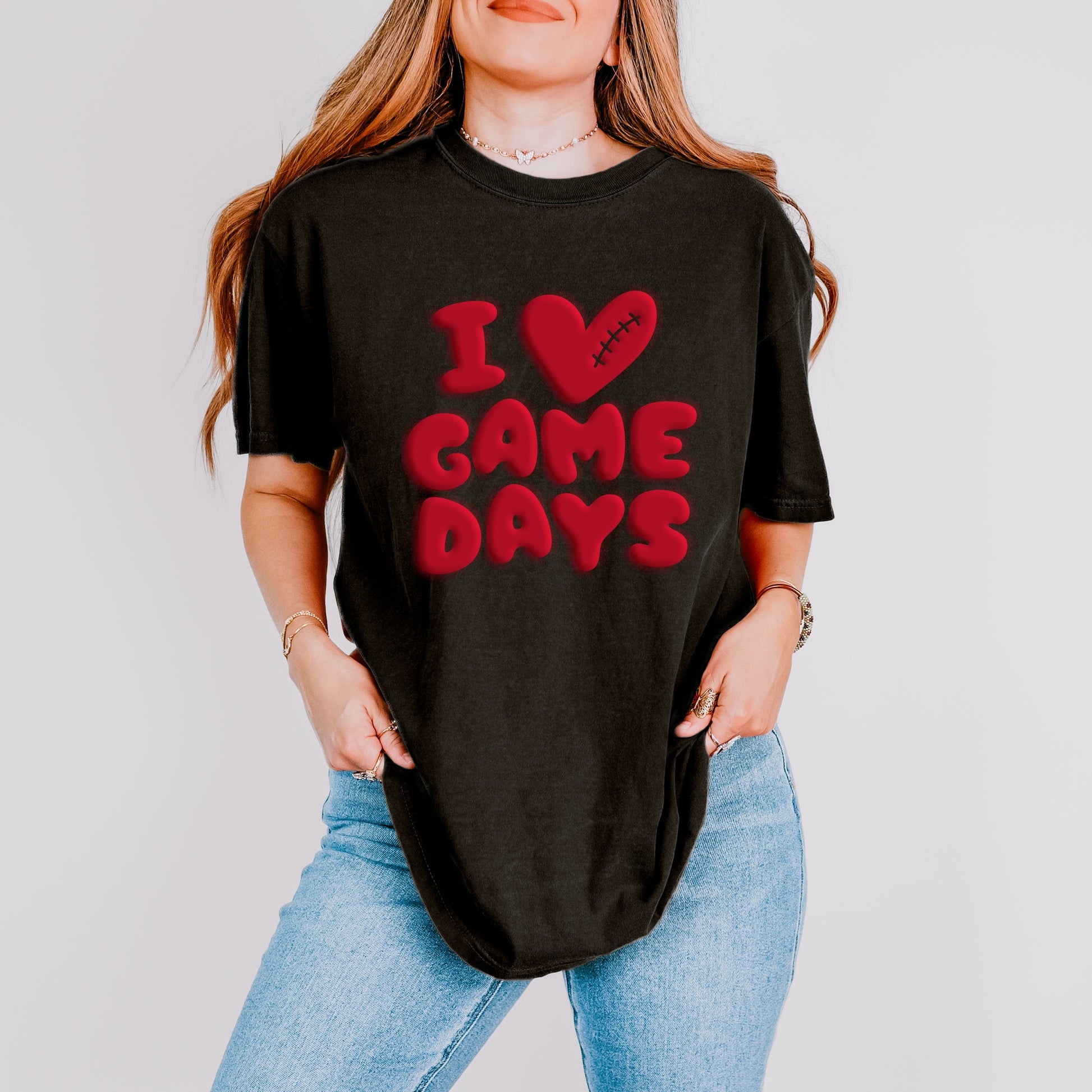 I Love Game Days Puff Print - Women's Garment Dyed Graphic T-Shirt