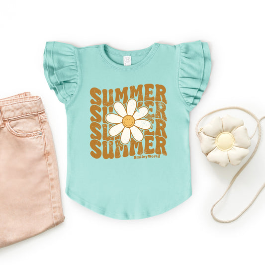 SmileyWorld Summer Wave Stacked - Flutter Sleeve Graphic T-Shirt