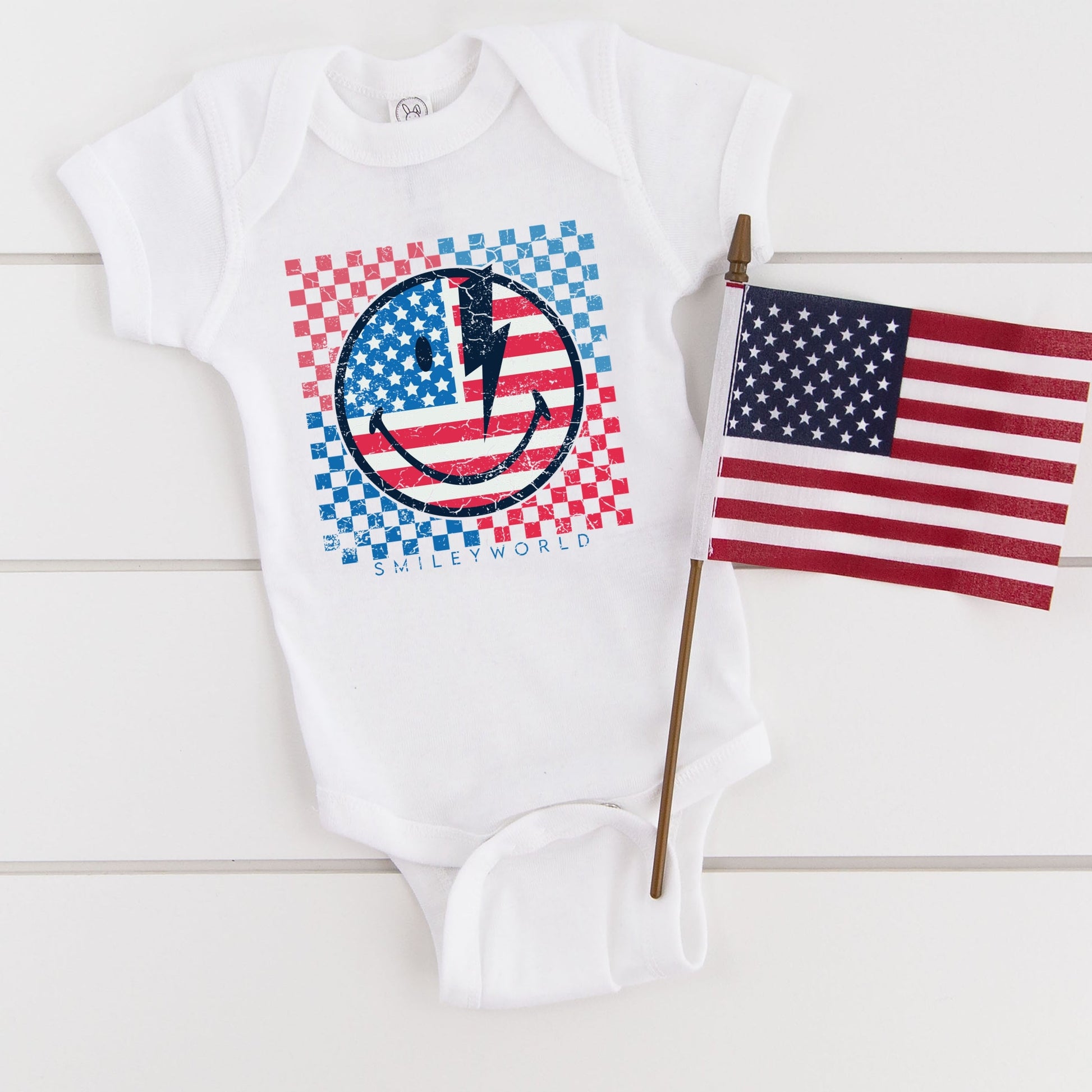 SmileyWorld Patriotic Checkered Lightning - Baby Short Sleeve Graphic Bodysuit
