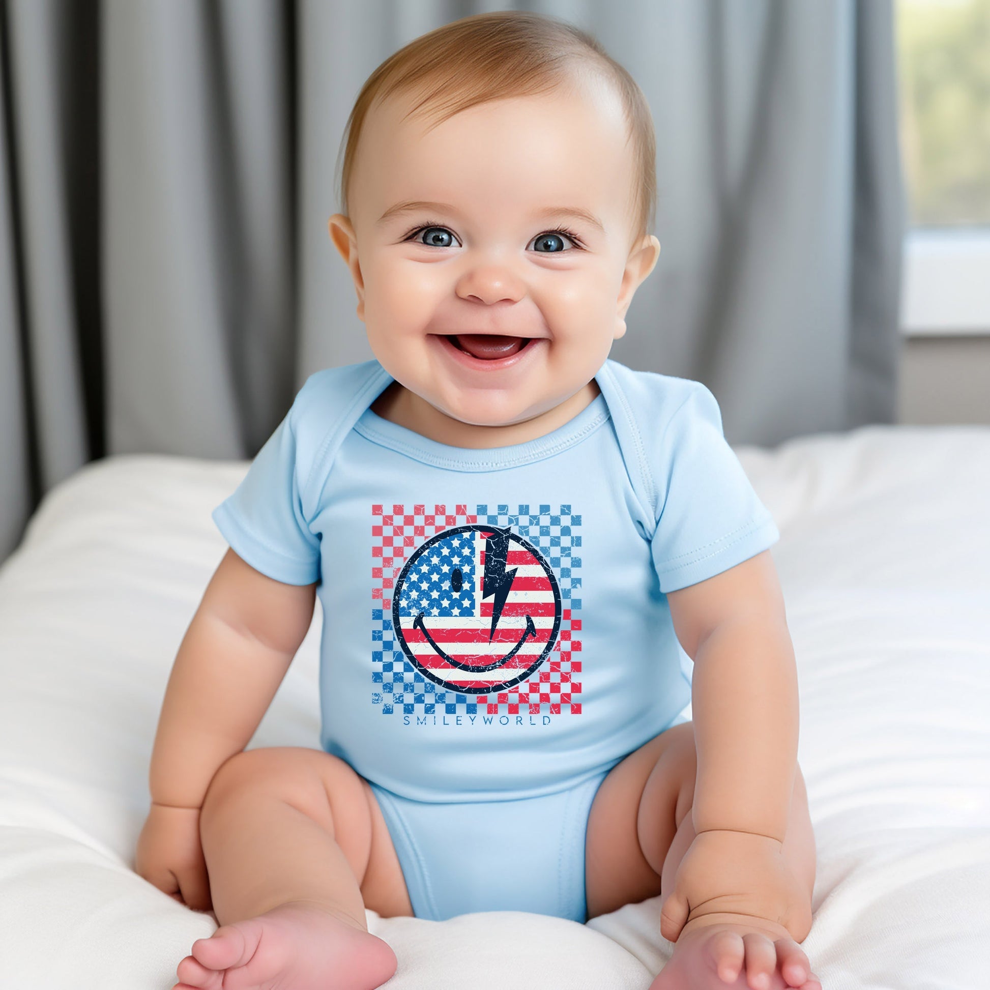 SmileyWorld Patriotic Checkered Lightning - Baby Short Sleeve Graphic Bodysuit
