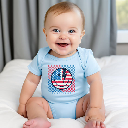 SmileyWorld Patriotic Checkered Lightning - Baby Short Sleeve Graphic Bodysuit