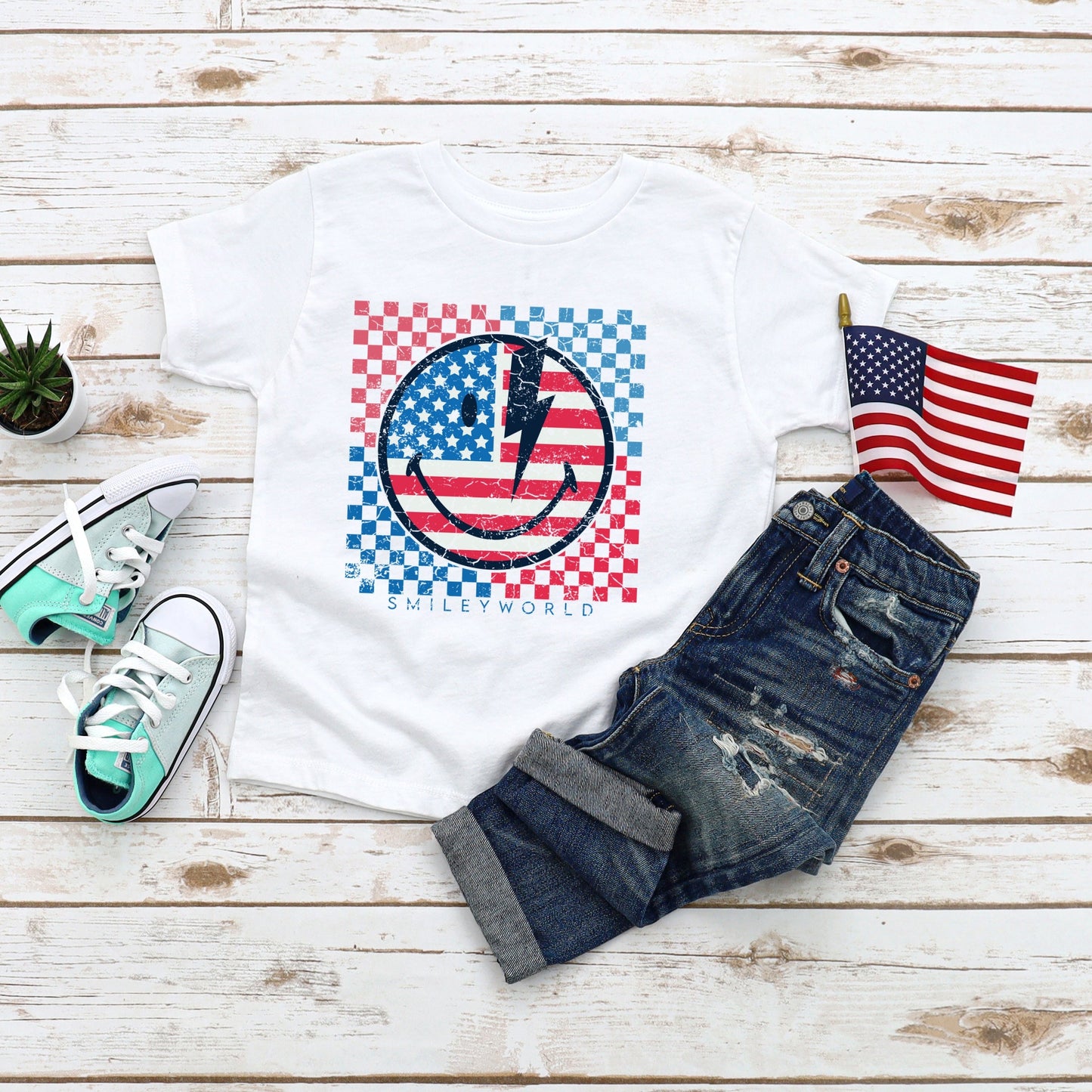 SmileyWorld Patriotic Checkered Lightning - Toddler Short Sleeve Graphic T-Shirt