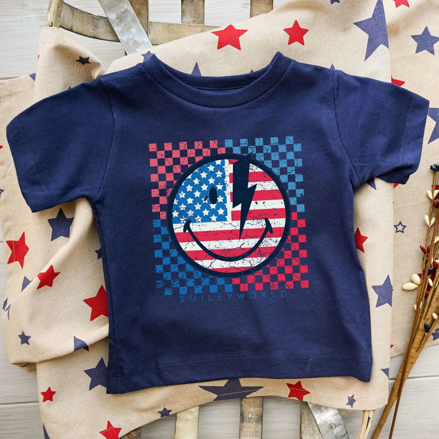 SmileyWorld Patriotic Checkered Lightning - Toddler Short Sleeve Graphic T-Shirt