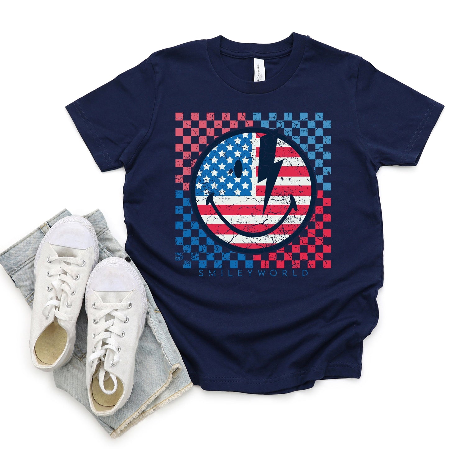 SmileyWorld Patriotic Checkered Lightning - Youth Short Sleeve Graphic T-Shirt