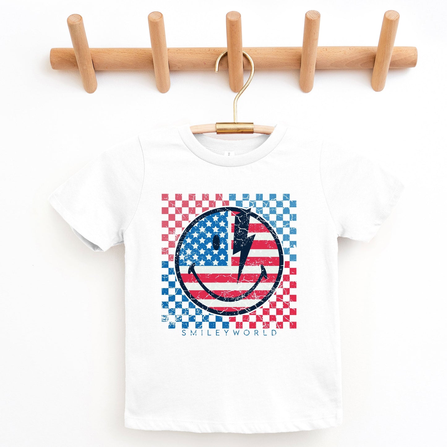 SmileyWorld Patriotic Checkered Lightning - Youth Short Sleeve Graphic T-Shirt