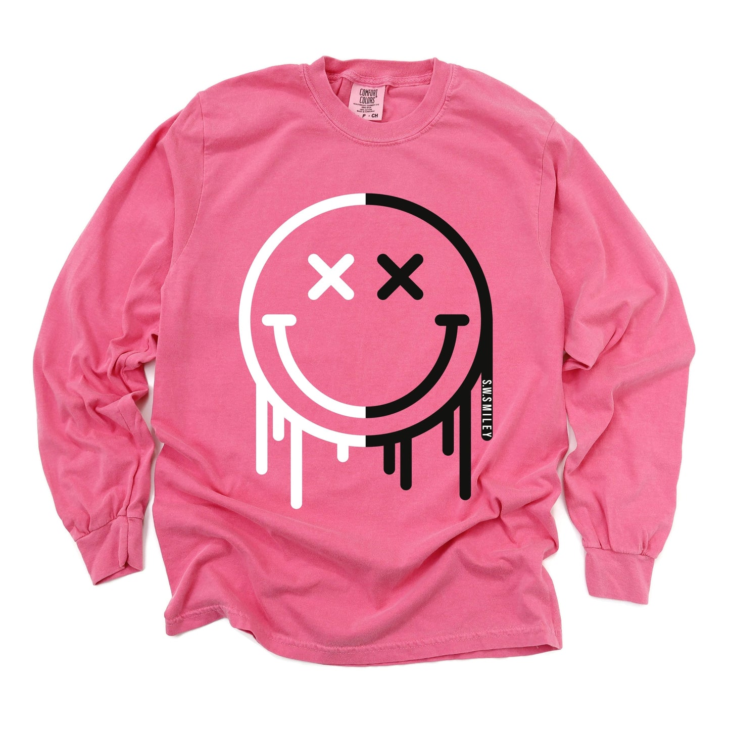 S.W.Smiley Black And White Drip - Women's Garment Dyed Long Sleeve Graphic T-Shirt