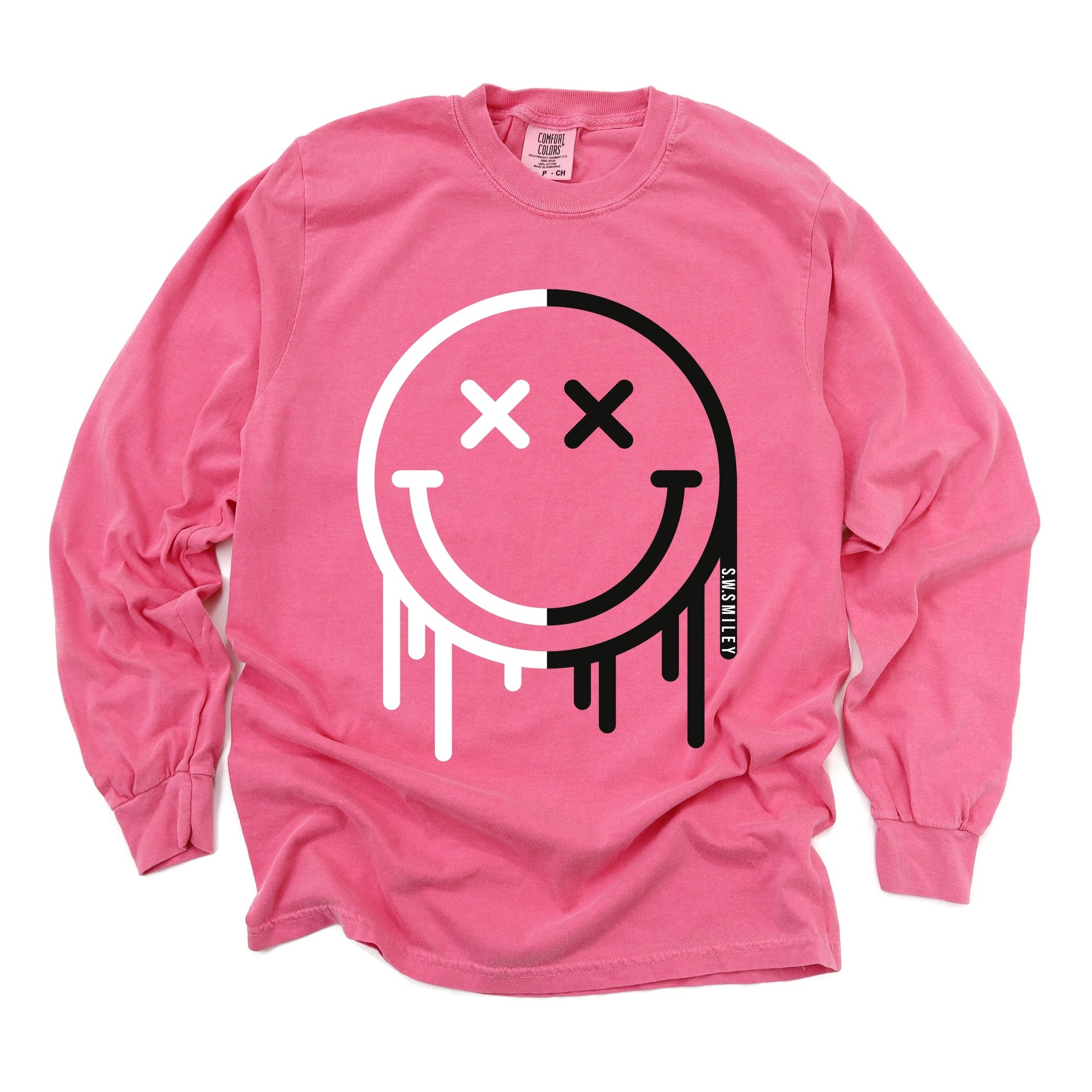 S.W.Smiley Black And White Drip - Women's Garment Dyed Long Sleeve Graphic T-Shirt