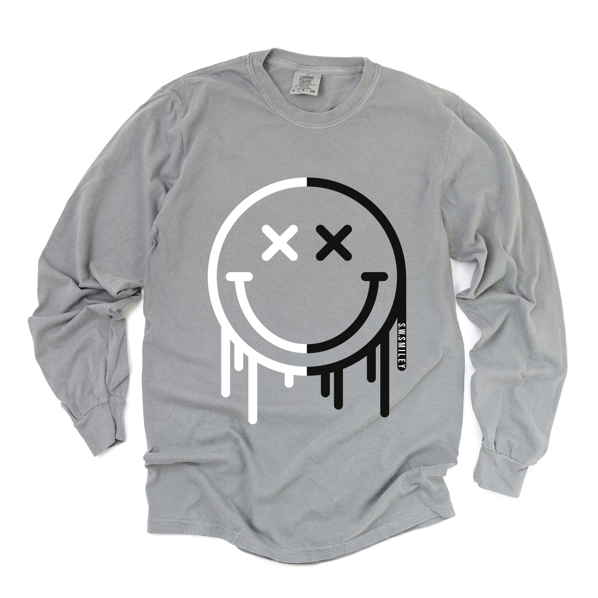S.W.Smiley Black And White Drip - Women's Garment Dyed Long Sleeve Graphic T-Shirt
