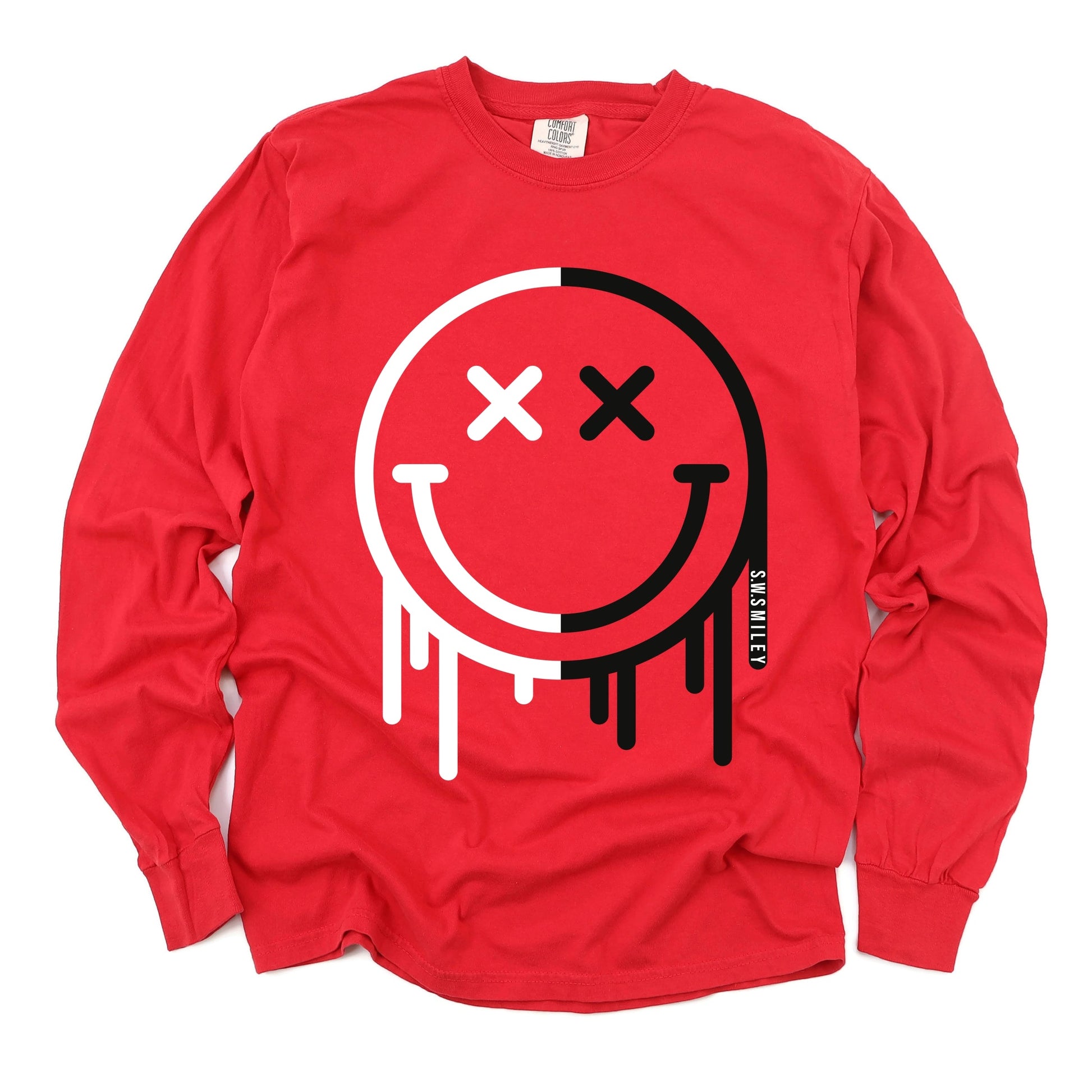S.W.Smiley Black And White Drip - Women's Garment Dyed Long Sleeve Graphic T-Shirt