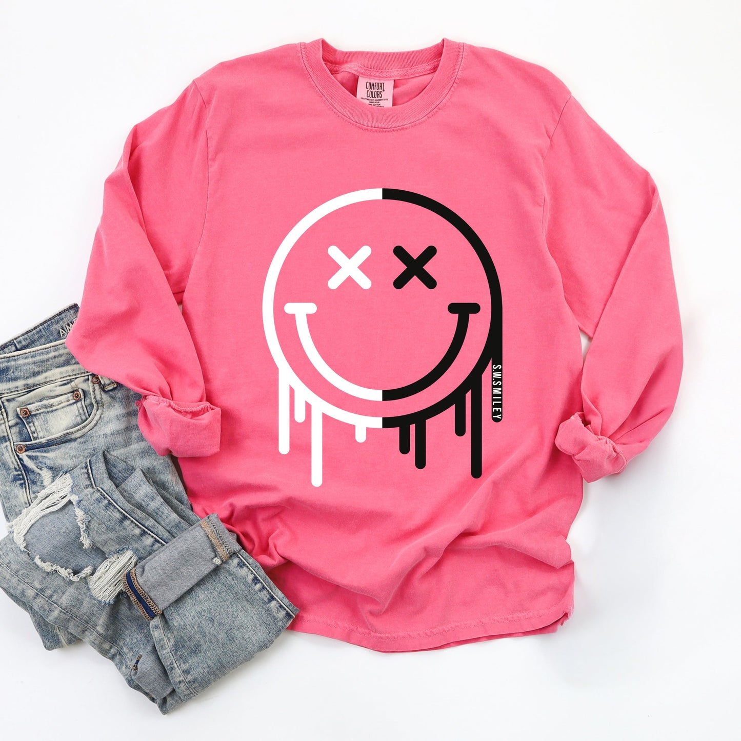 S.W.Smiley Black And White Drip - Women's Garment Dyed Long Sleeve Graphic T-Shirt