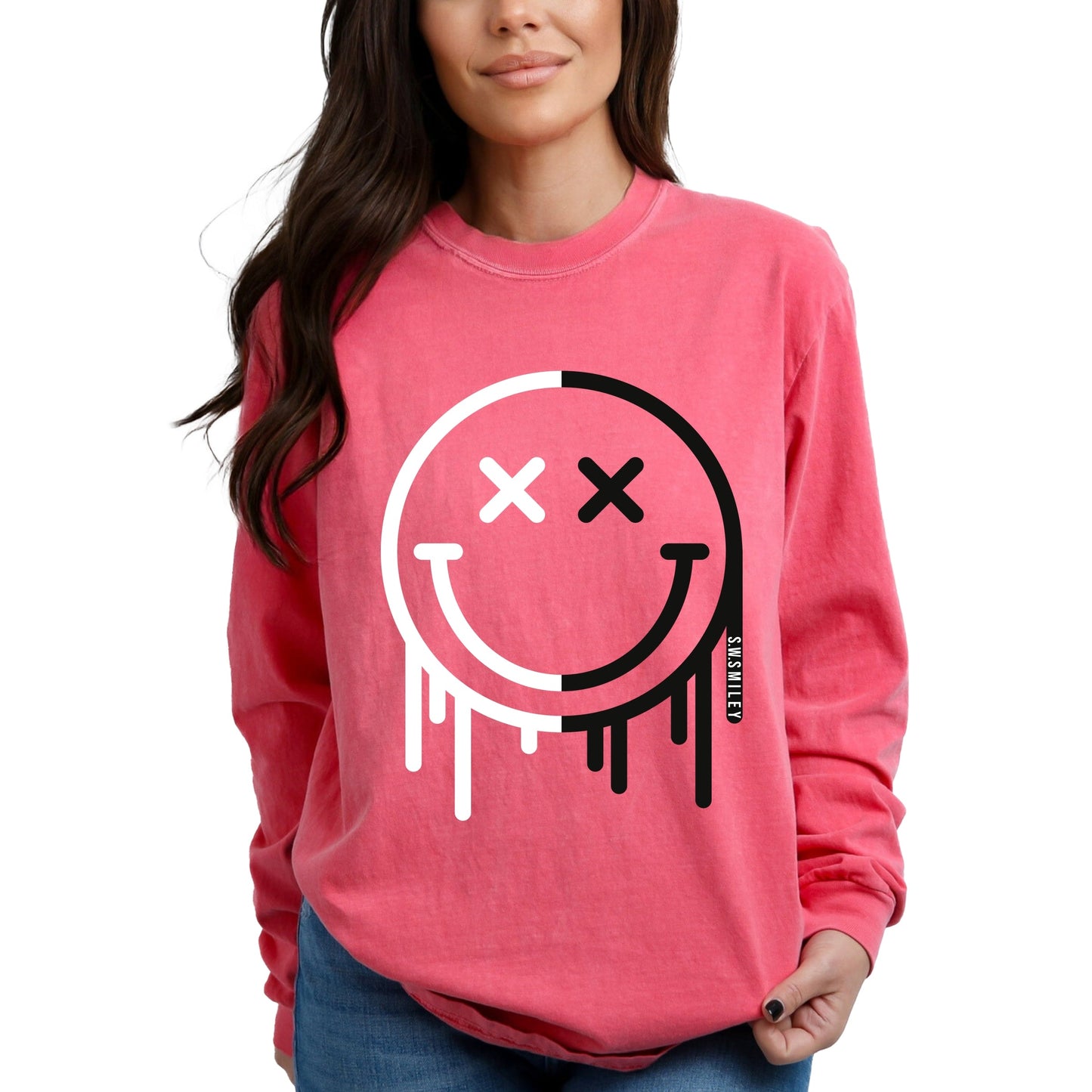 S.W.Smiley Black And White Drip - Women's Garment Dyed Long Sleeve Graphic T-Shirt
