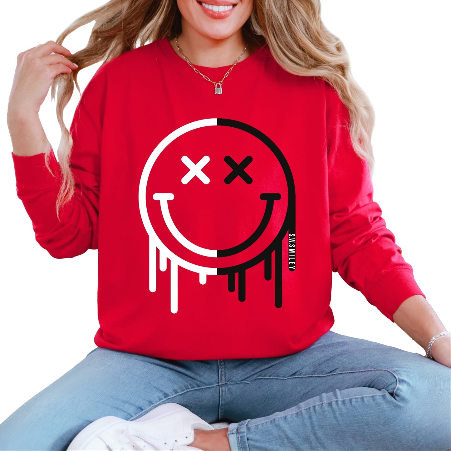 S.W.Smiley Black And White Drip - Women's Garment Dyed Long Sleeve Graphic T-Shirt