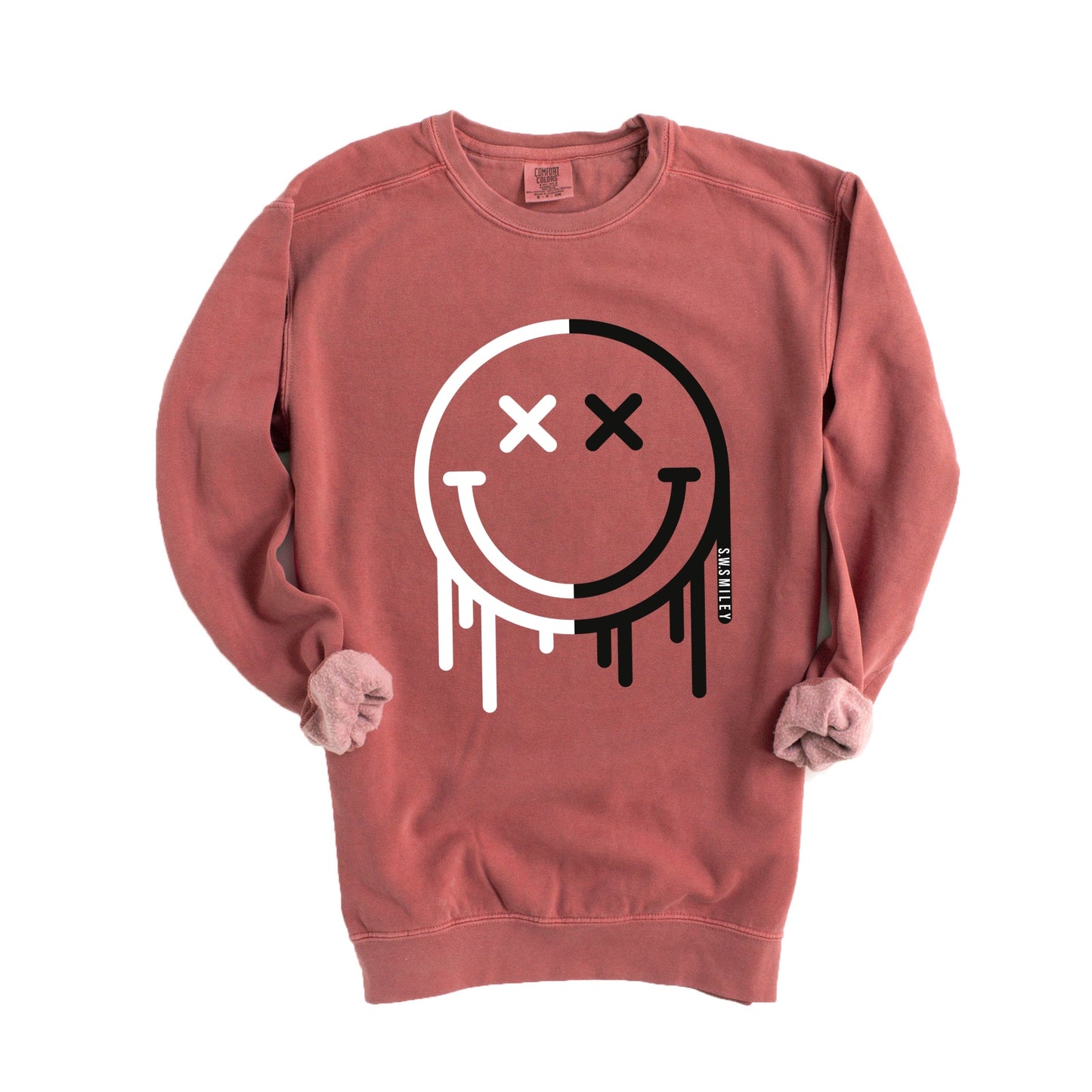 S.W.Smiley Black And White Drip - Women's Garment Dyed Graphic Sweatshirt