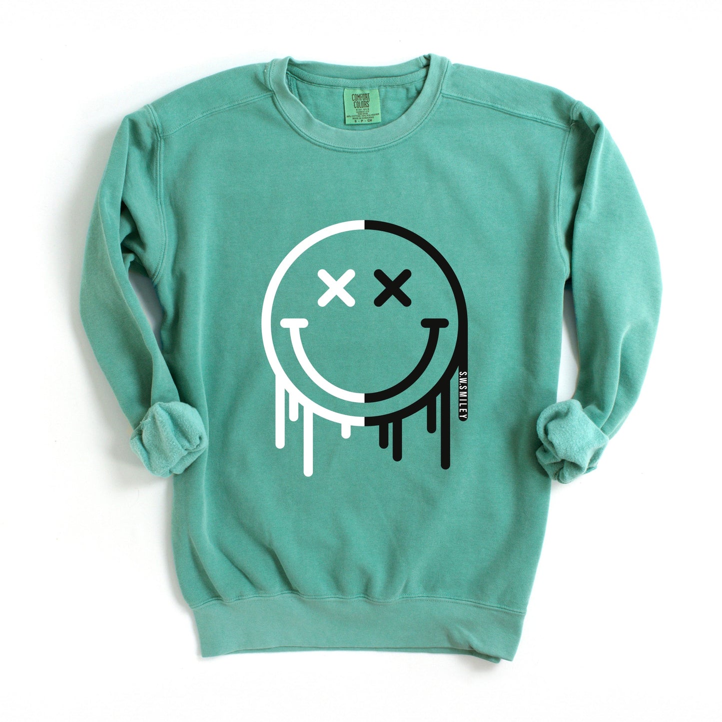 S.W.Smiley Black And White Drip - Women's Garment Dyed Graphic Sweatshirt