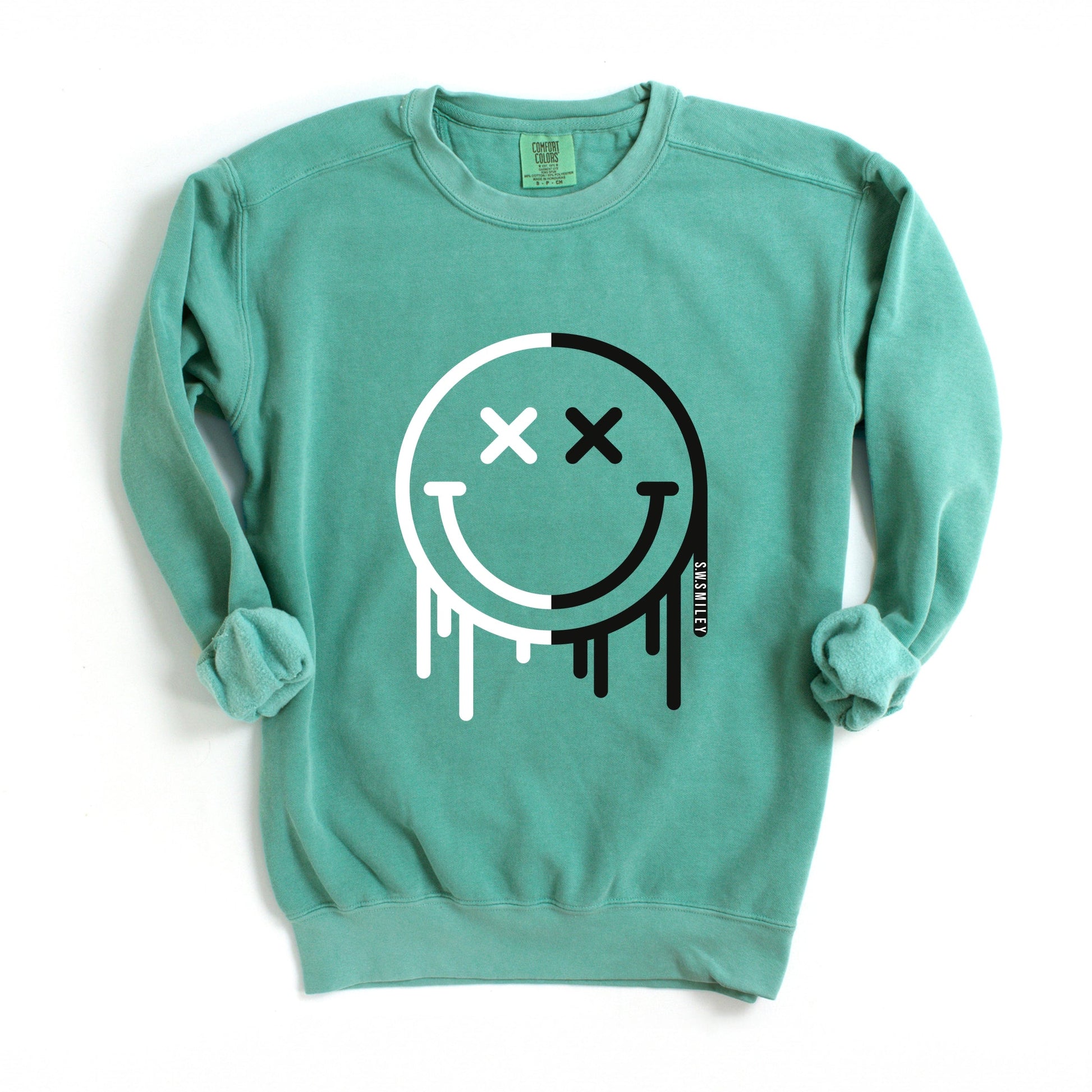 S.W.Smiley Black And White Drip - Women's Garment Dyed Graphic Sweatshirt