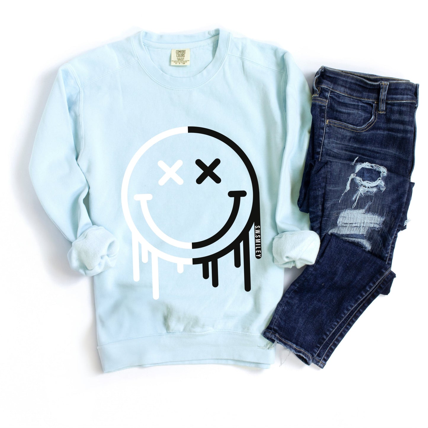 S.W.Smiley Black And White Drip - Women's Garment Dyed Graphic Sweatshirt