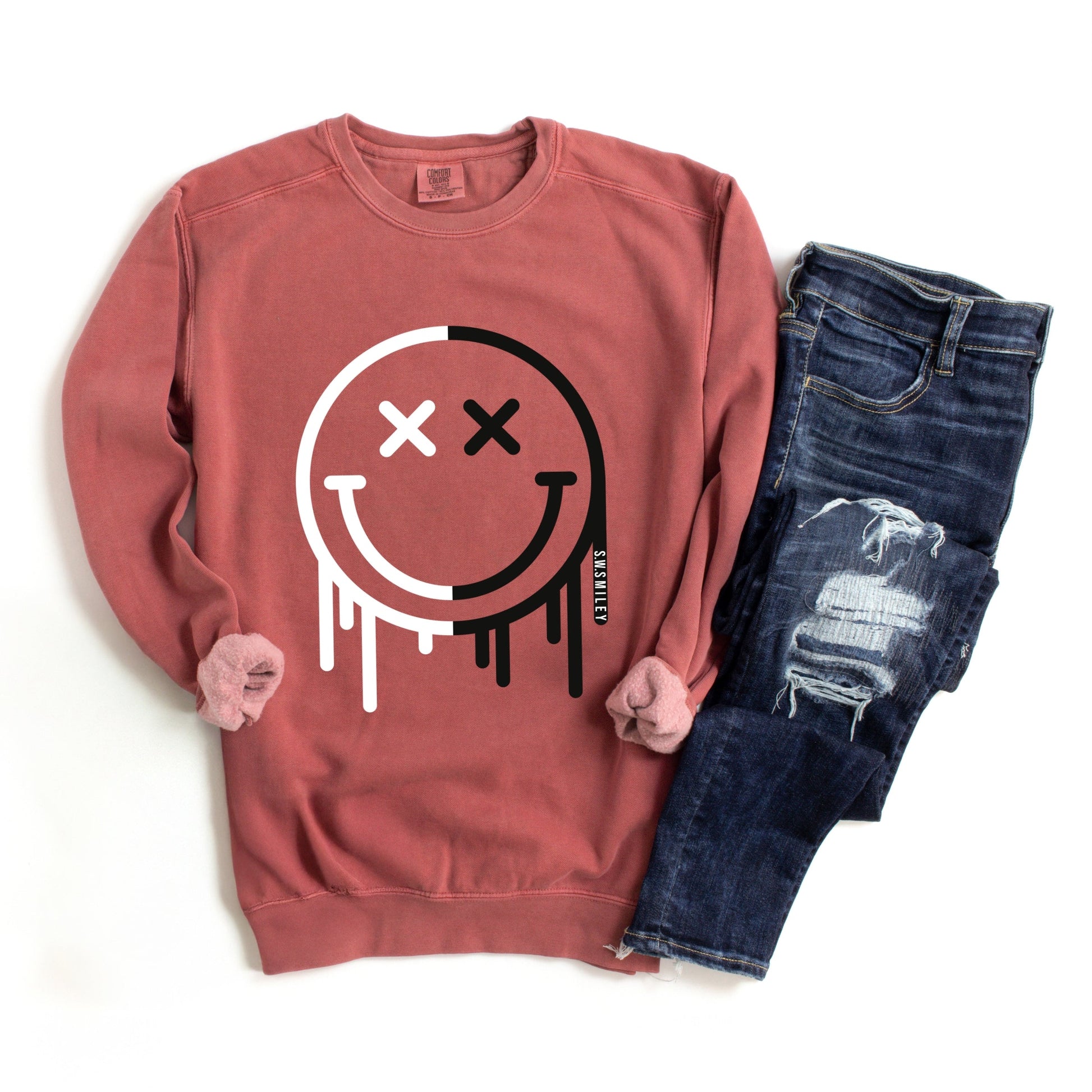 S.W.Smiley Black And White Drip - Women's Garment Dyed Graphic Sweatshirt