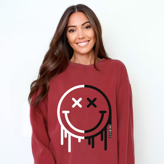 S.W.Smiley Black And White Drip - Women's Garment Dyed Graphic Sweatshirt