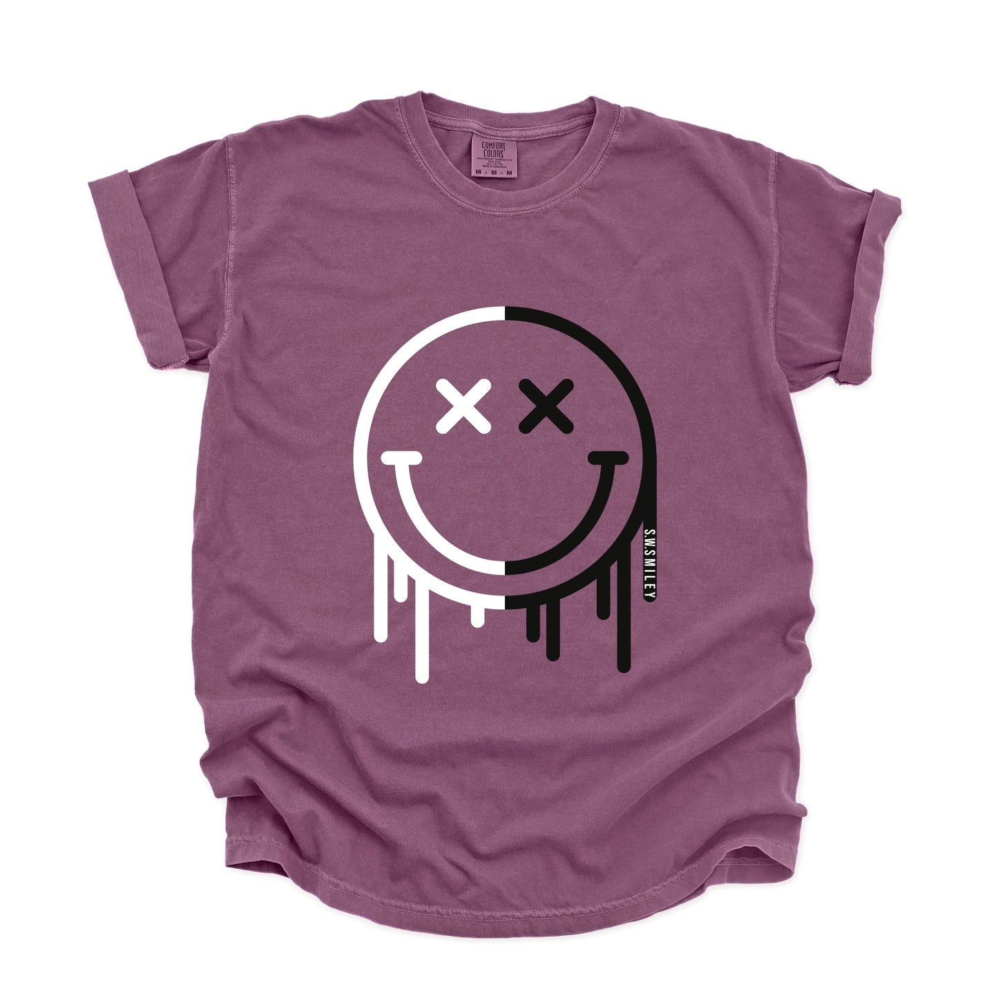 S.W.Smiley Black And White Drip - Women's Garment Dyed Graphic T-Shirt