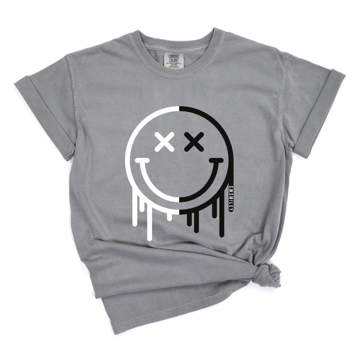 S.W.Smiley Black And White Drip - Women's Garment Dyed Graphic T-Shirt