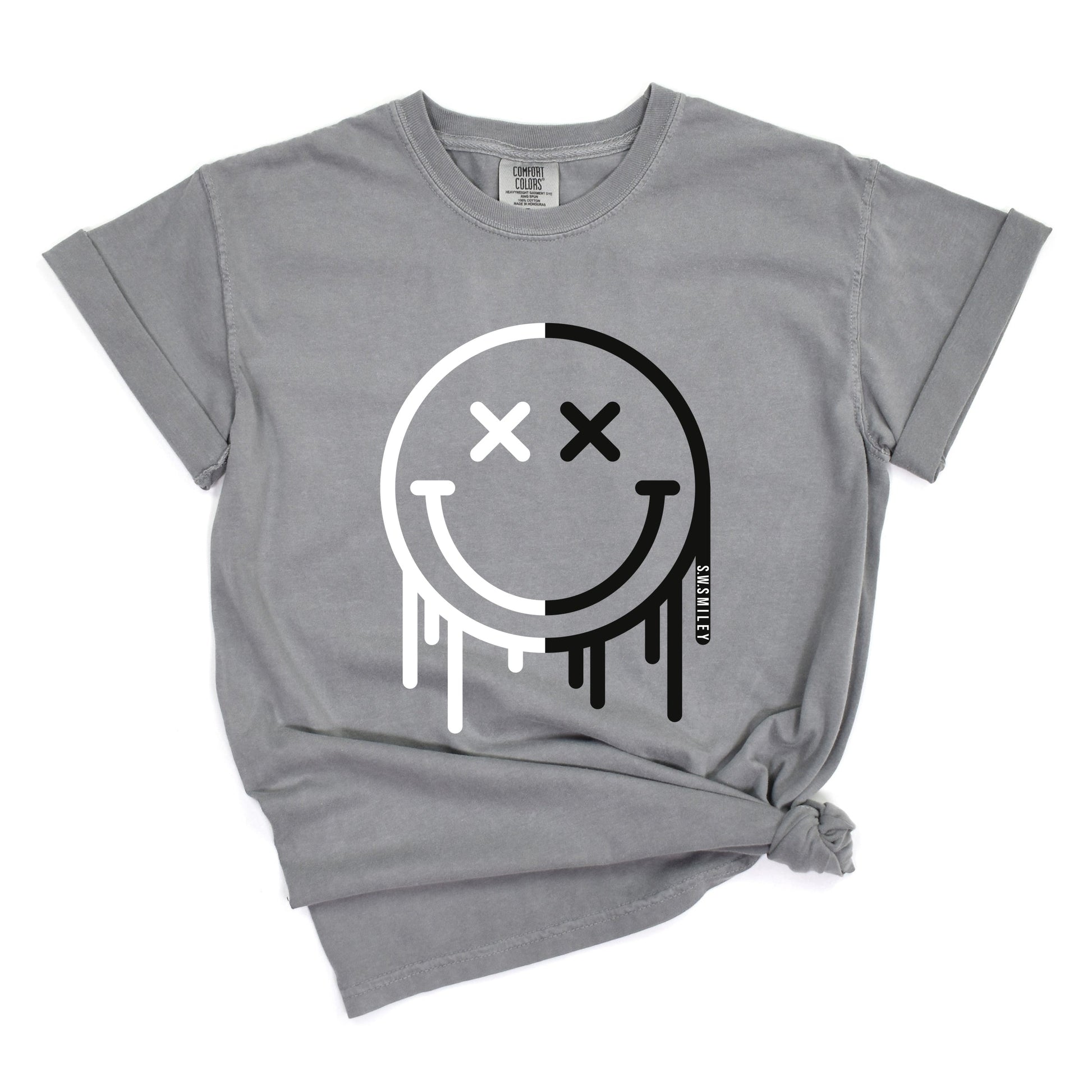 S.W.Smiley Black And White Drip - Women's Garment Dyed Graphic T-Shirt