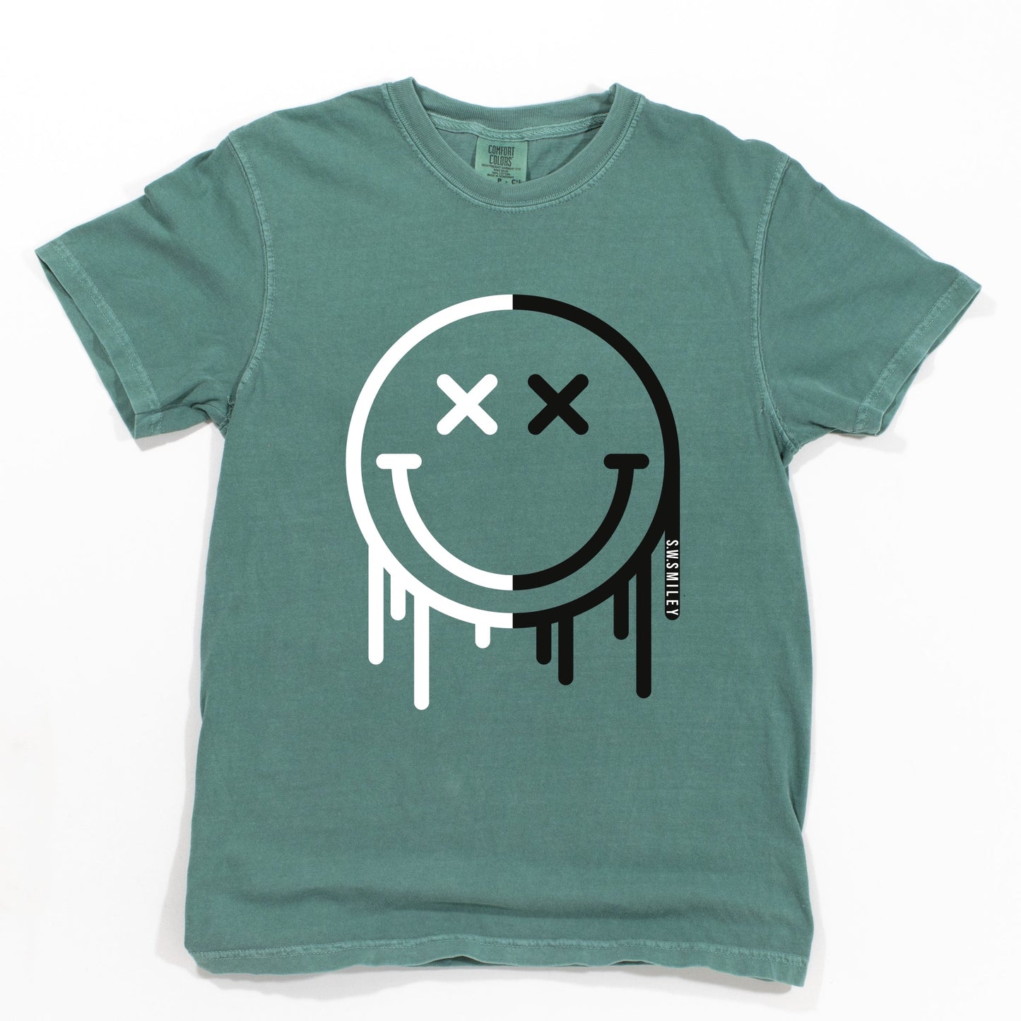 S.W.Smiley Black And White Drip - Women's Garment Dyed Graphic T-Shirt