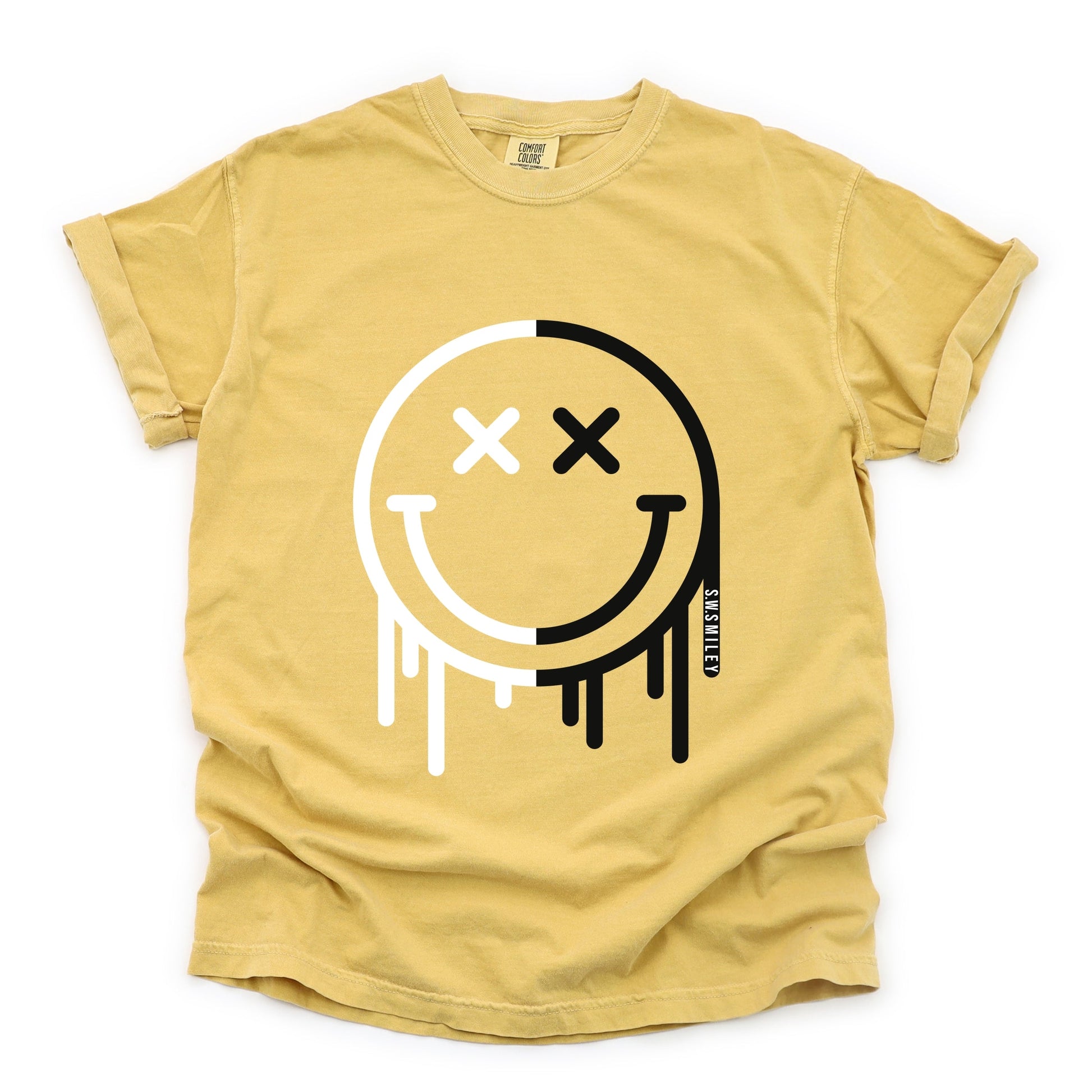 S.W.Smiley Black And White Drip - Women's Garment Dyed Graphic T-Shirt