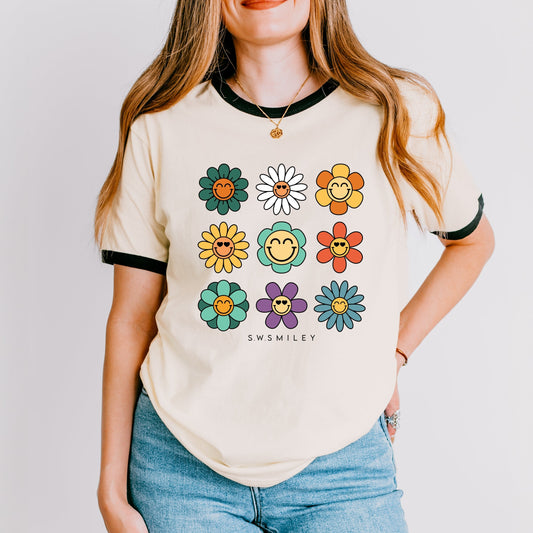 S.W.Smiley Flowers Stacked - Women's Ringer Graphic T-Shirt