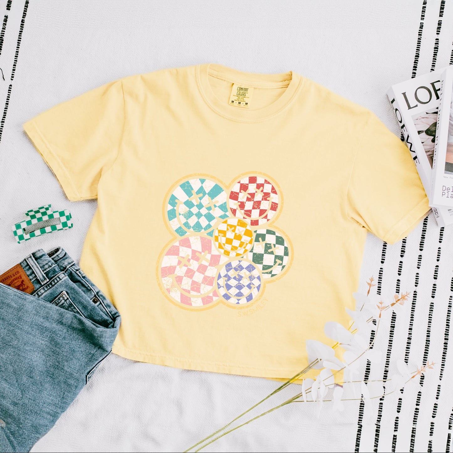 S.W.Smiley Rainbow Checkered - Womens Boxy Crop Top
