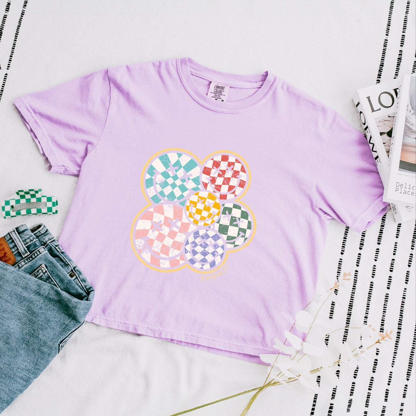 S.W.Smiley Rainbow Checkered - Womens Boxy Crop Top