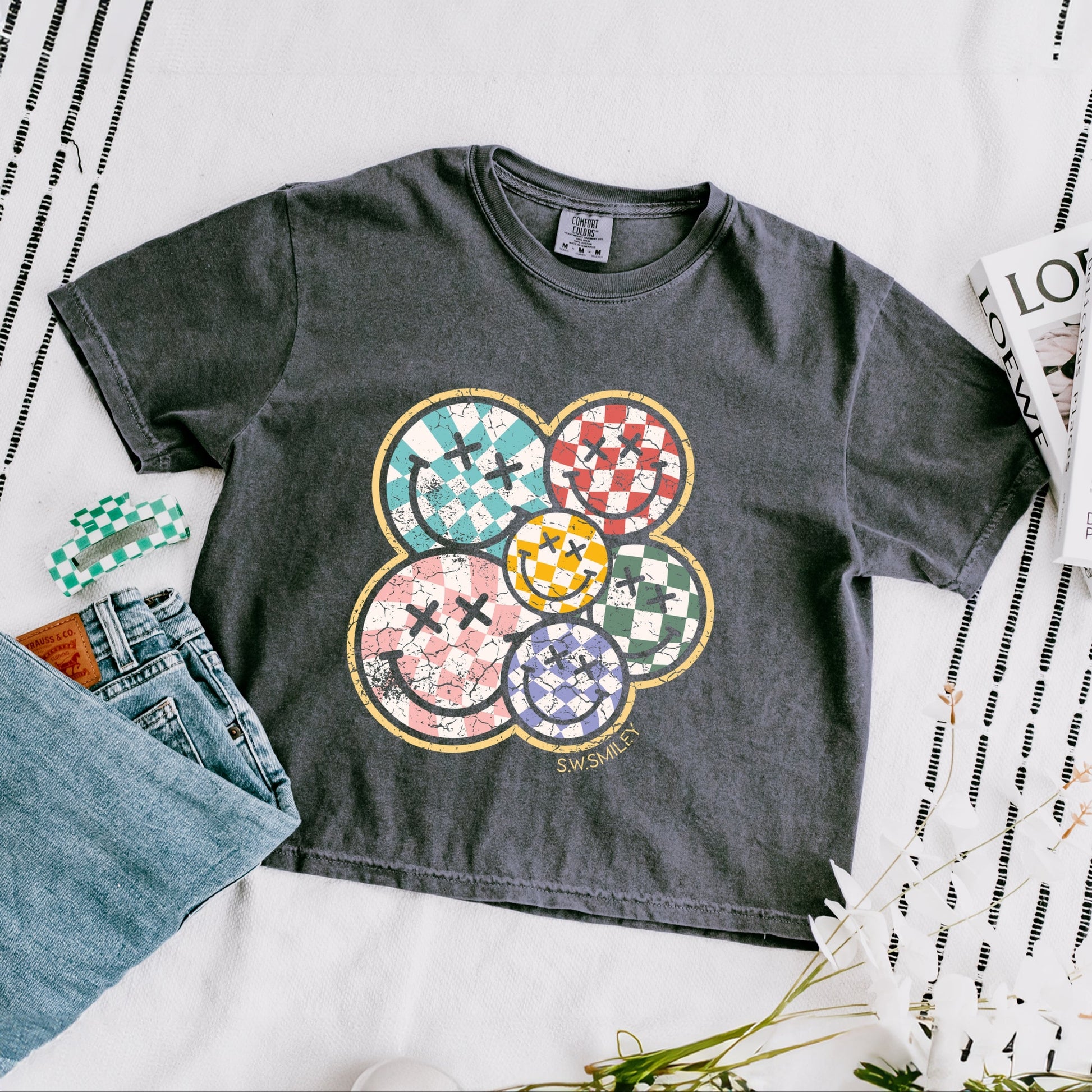 S.W.Smiley Rainbow Checkered - Womens Boxy Crop Top