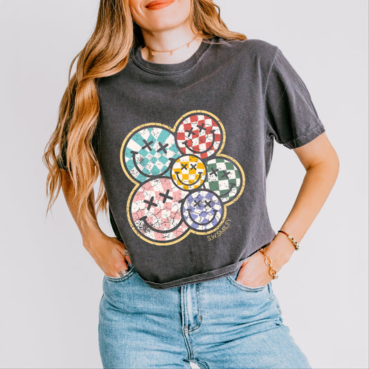 S.W.Smiley Rainbow Checkered - Womens Boxy Crop Top