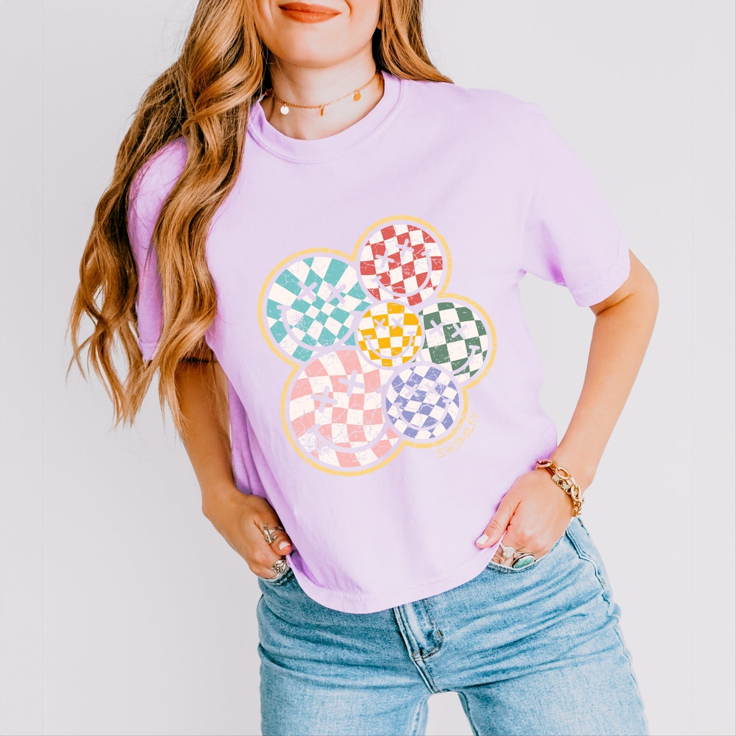 S.W.Smiley Rainbow Checkered - Womens Boxy Crop Top