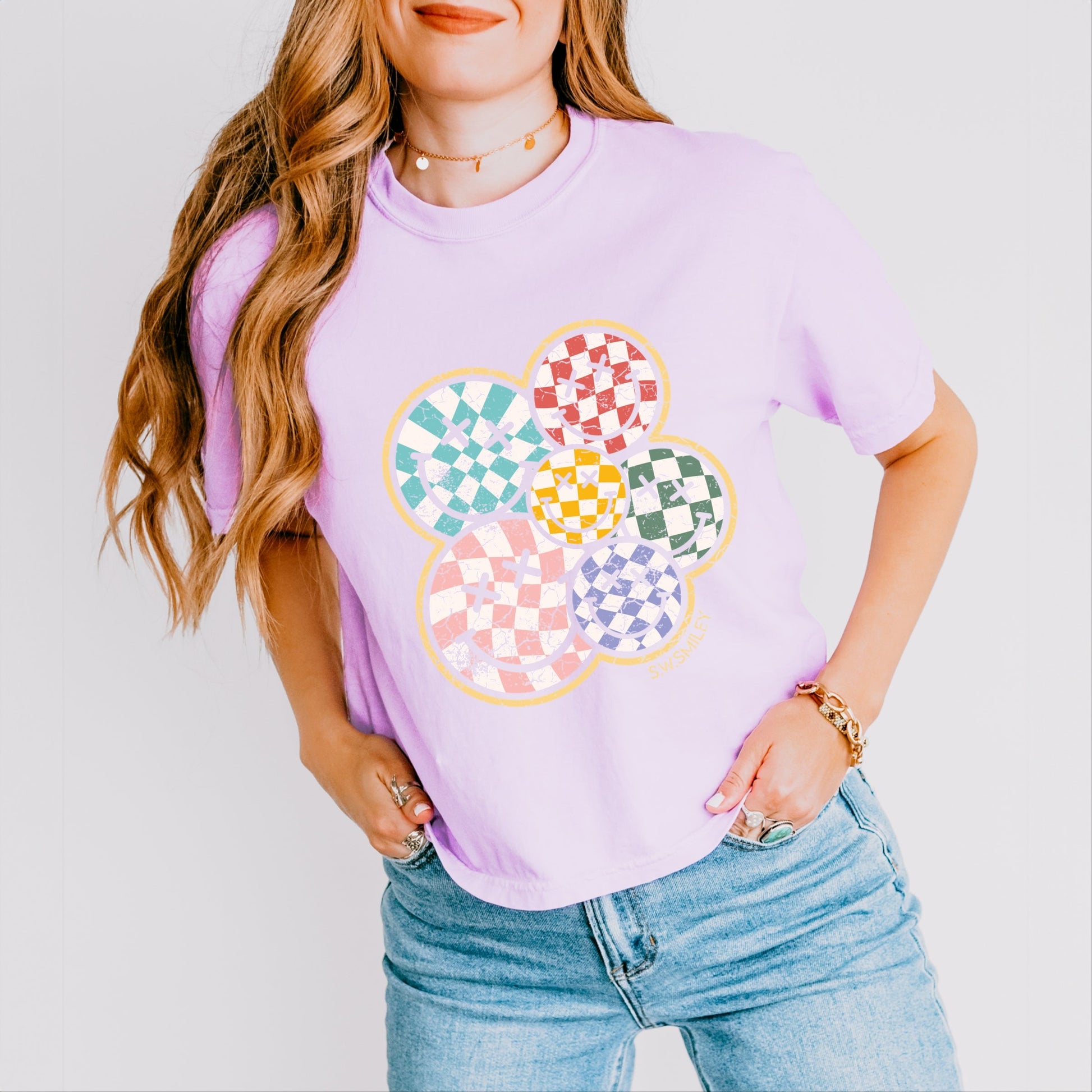 S.W.Smiley Rainbow Checkered - Womens Boxy Crop Top