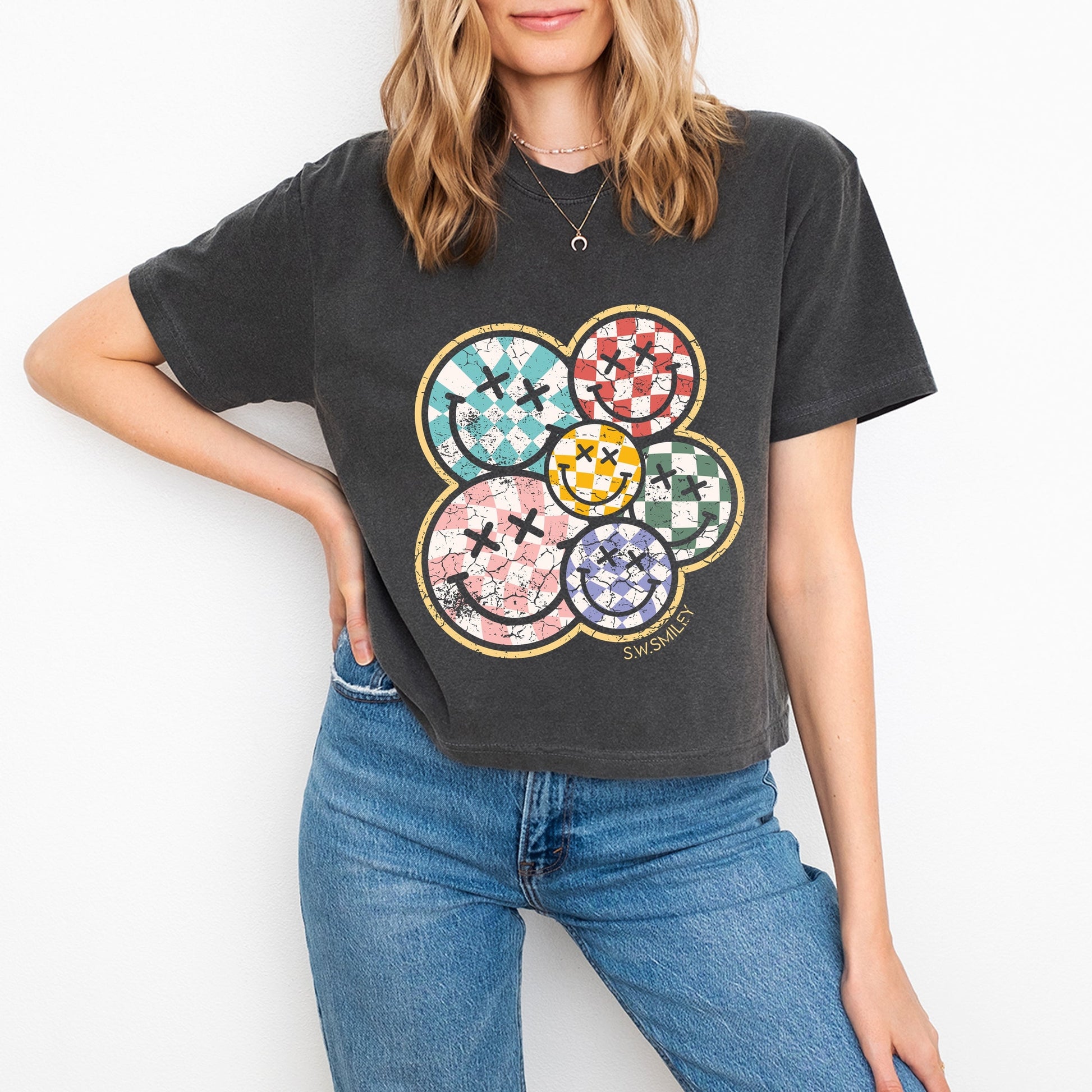 S.W.Smiley Rainbow Checkered - Womens Boxy Crop Top