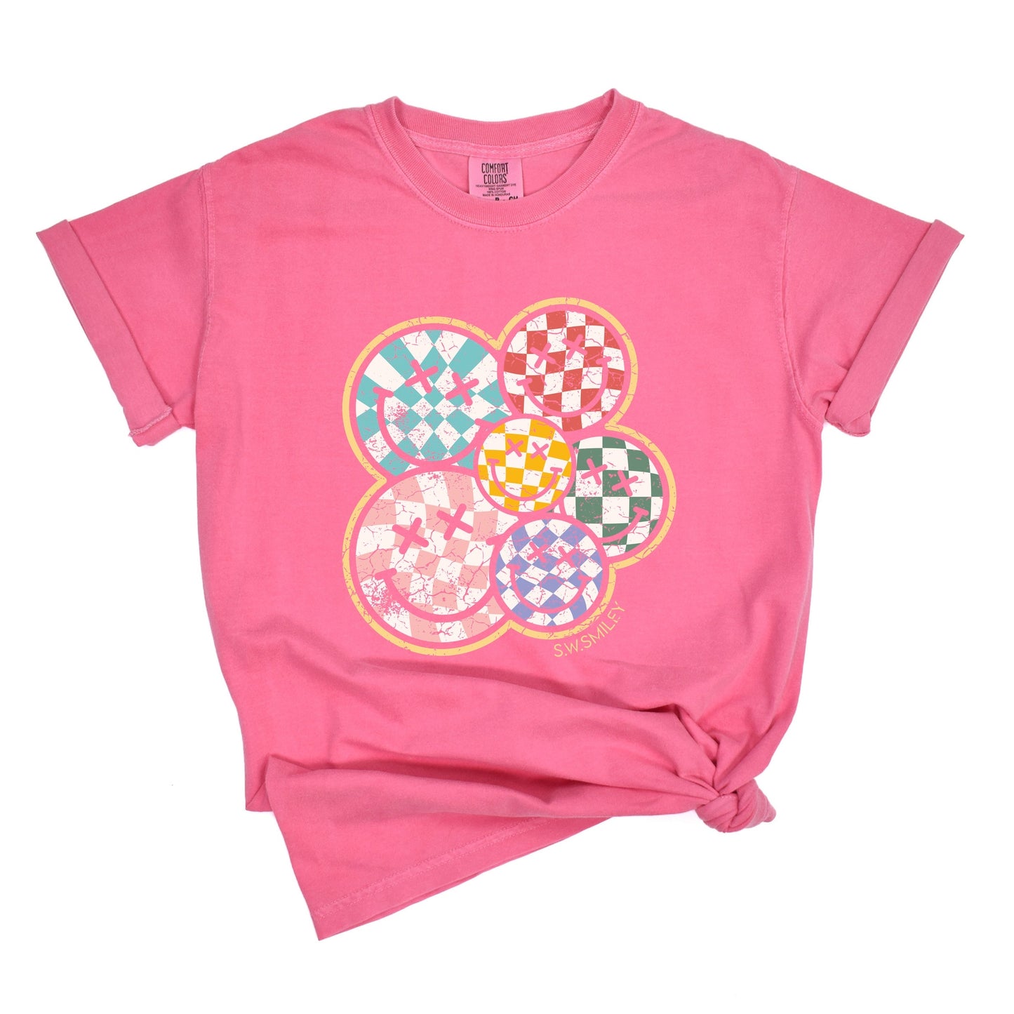 S.W.Smiley Rainbow Checkered - Womens Garment Dyed Tee