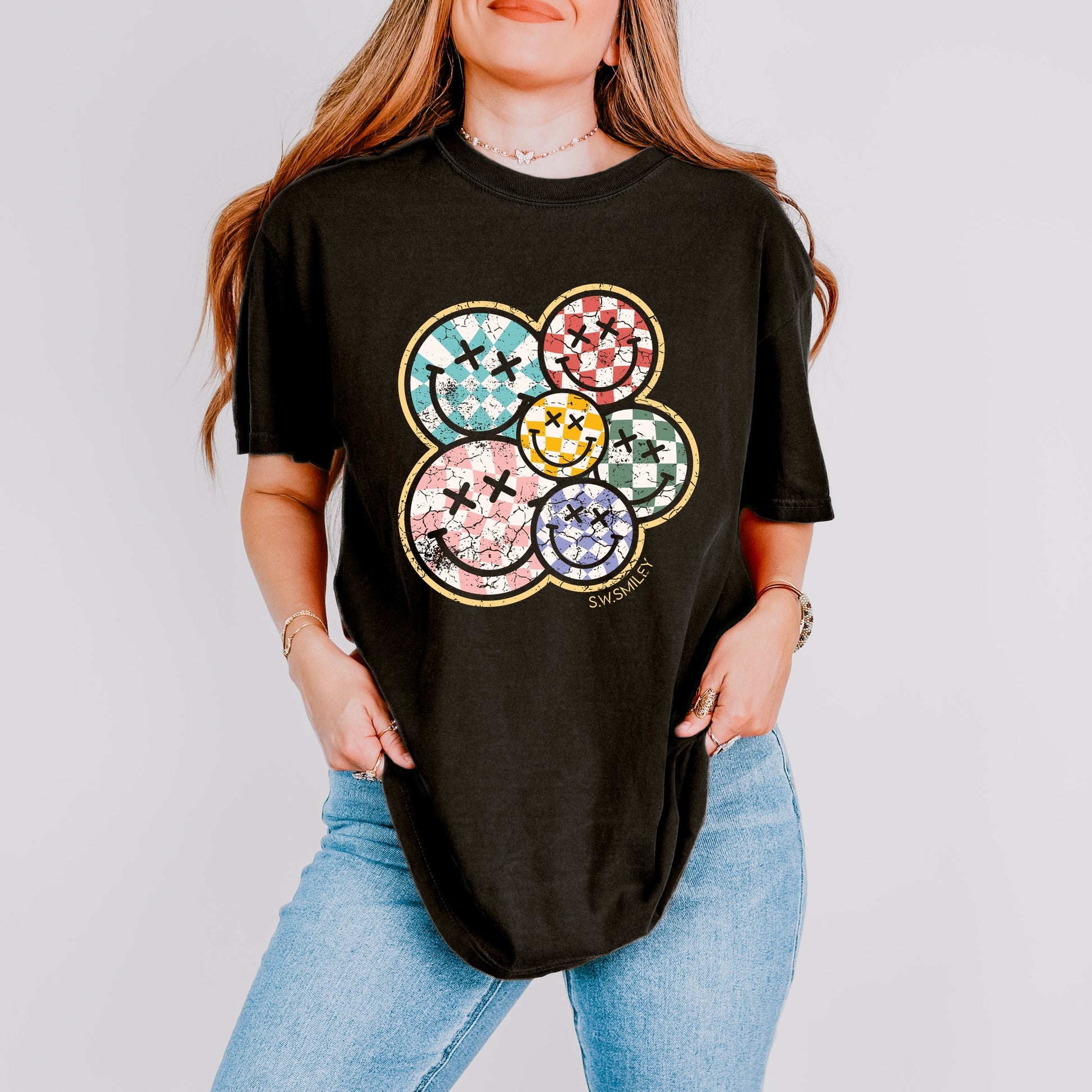 S.W.Smiley Rainbow Checkered - Womens Garment Dyed Tee