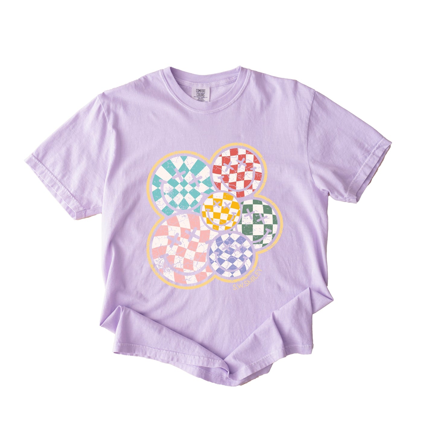 S.W.Smiley Rainbow Checkered - Womens Garment Dyed Tee