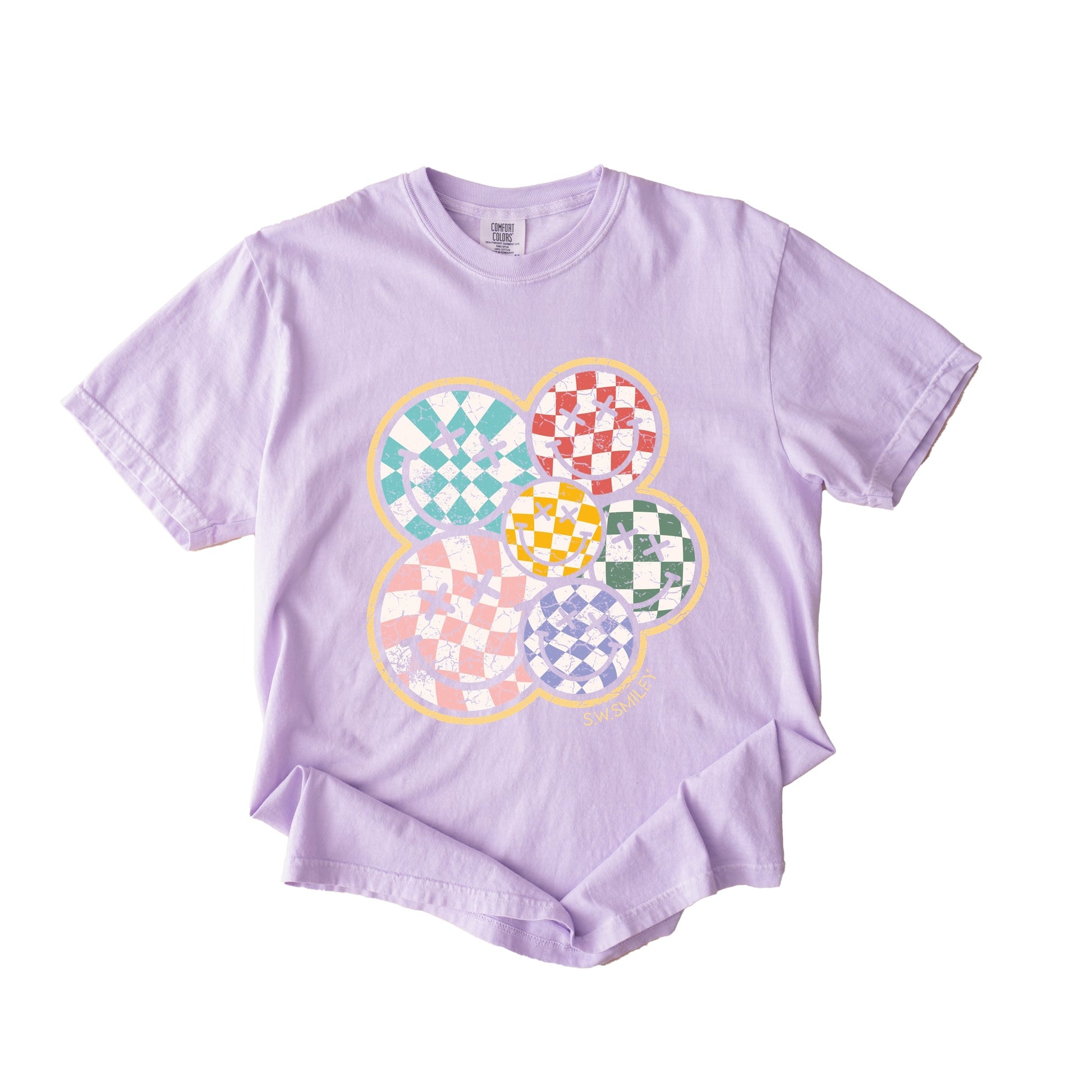 S.W.Smiley Rainbow Checkered - Womens Garment Dyed Tee