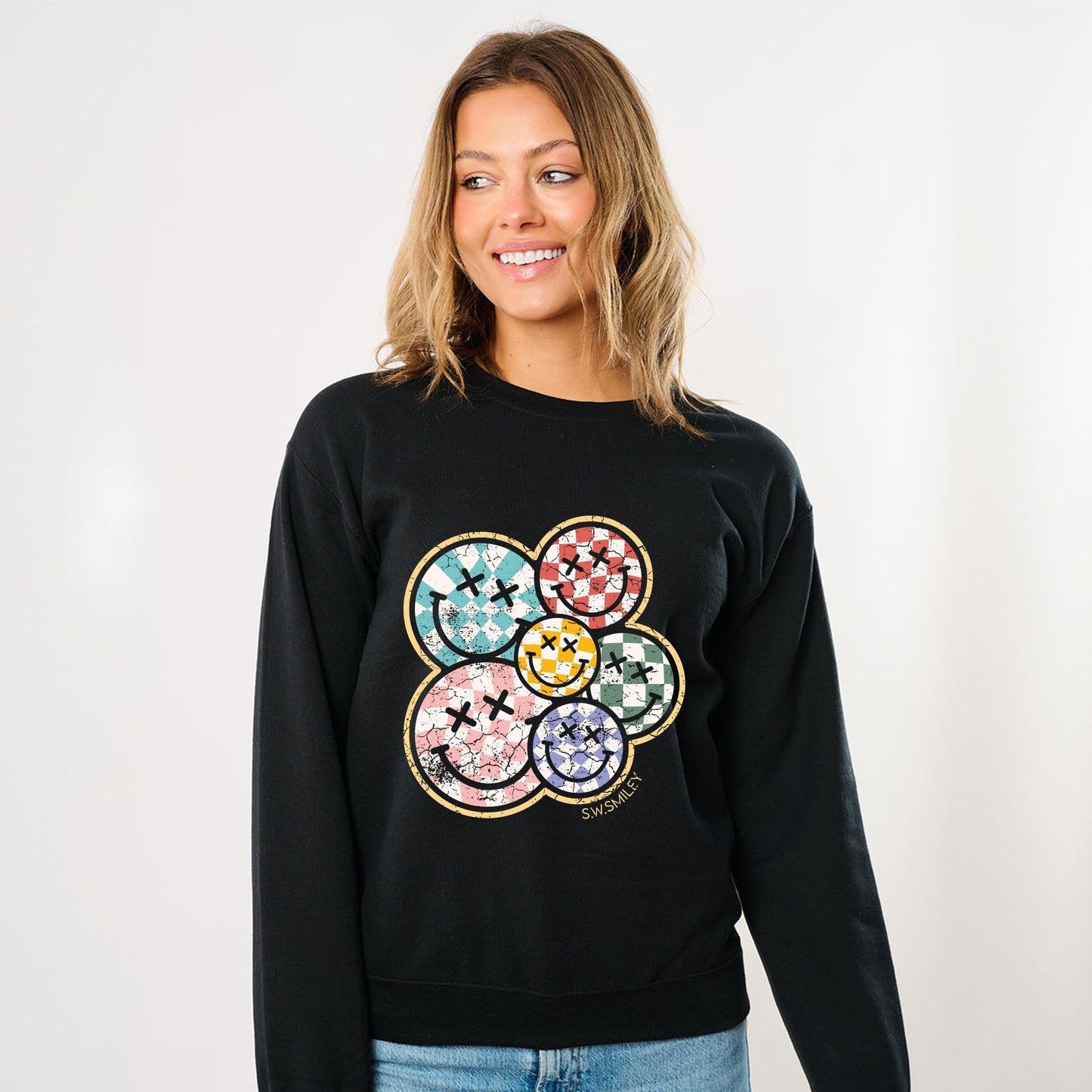 S.W.Smiley Rainbow Checkered - Women's Sweatshirt