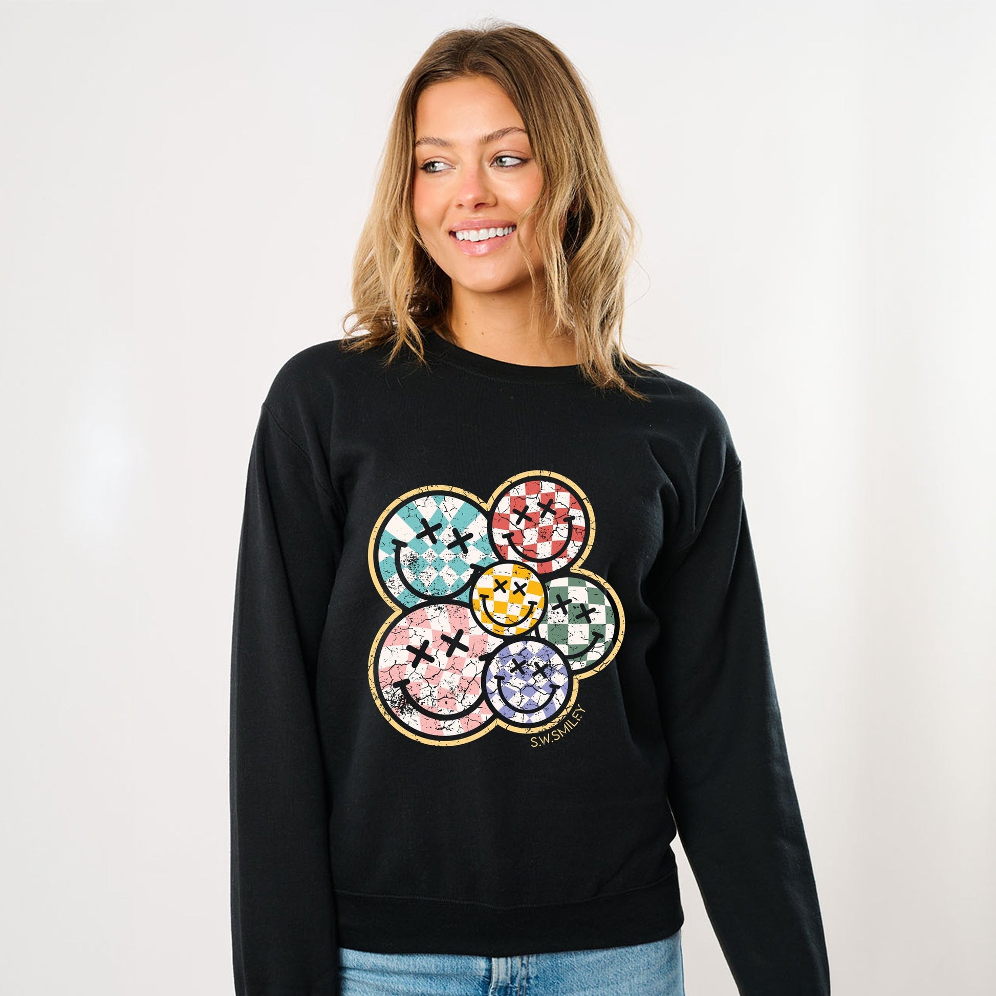 S.W.Smiley Rainbow Checkered - Women's Sweatshirt