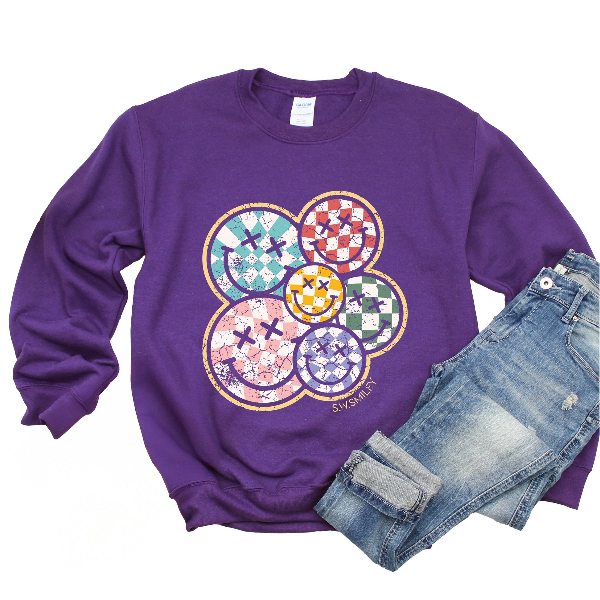 S.W.Smiley Rainbow Checkered - Women's Sweatshirt