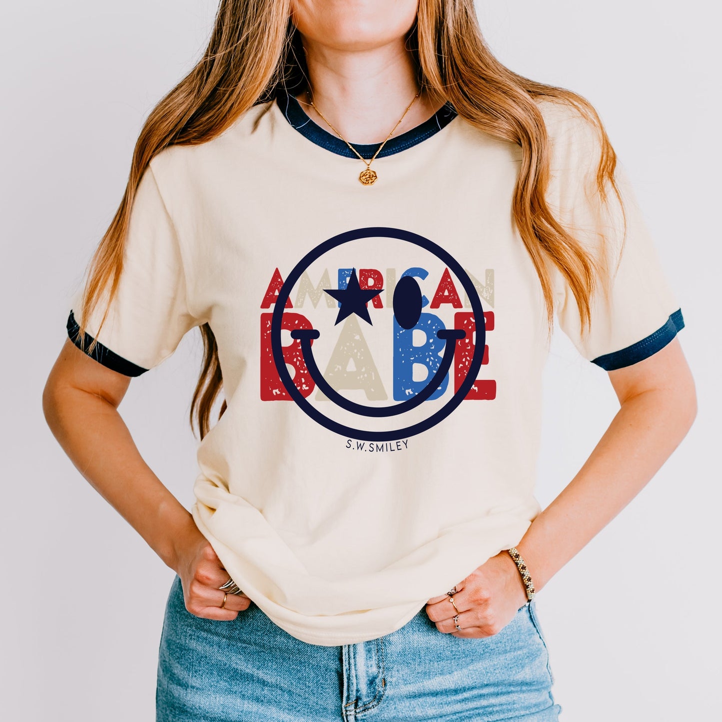 S.W.Smiley American Babe - Women's Ringer Graphic T-Shirt