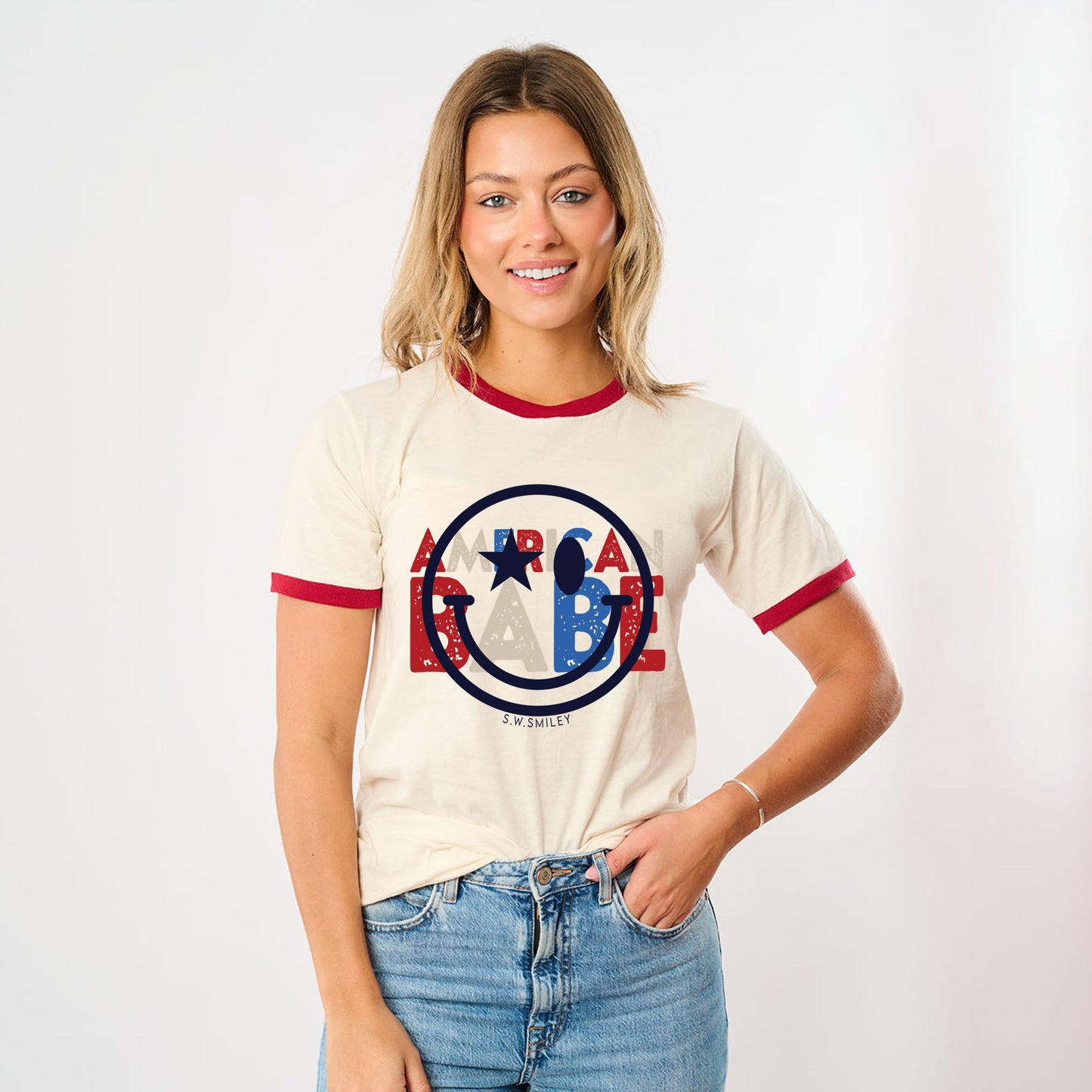 S.W.Smiley American Babe - Women's Ringer Graphic T-Shirt