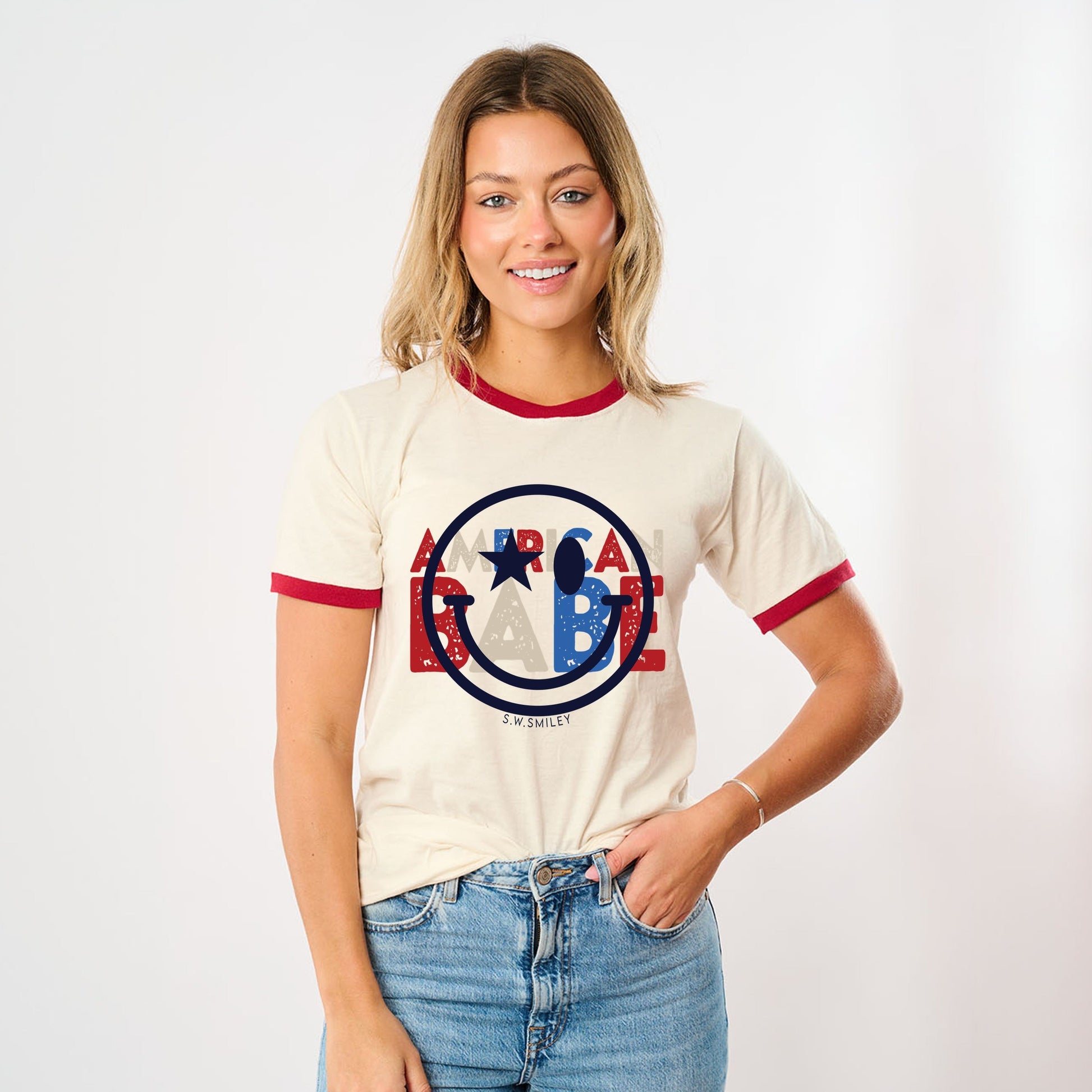S.W.Smiley American Babe - Women's Ringer Graphic T-Shirt