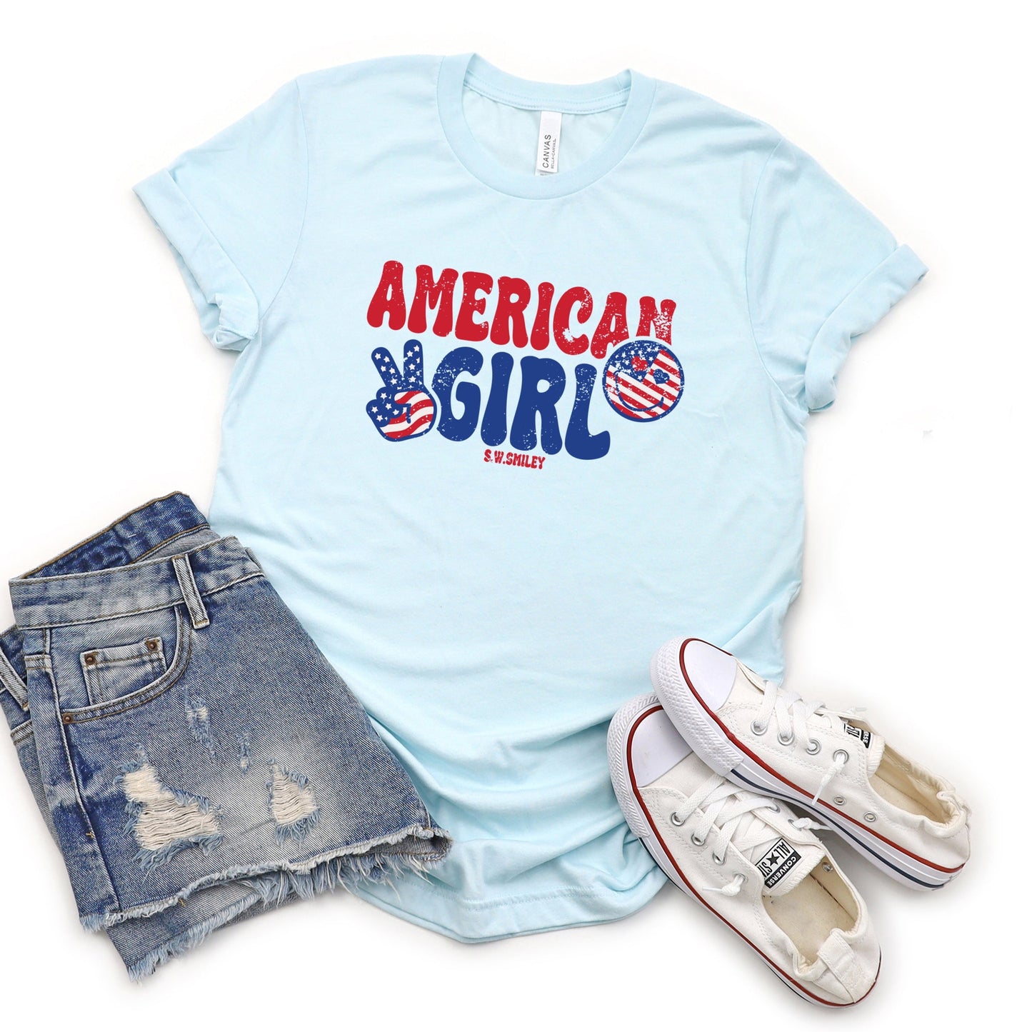 S.W.Smiley American Girl Patriotic - Women's Short Sleeve Graphic T-Shirt